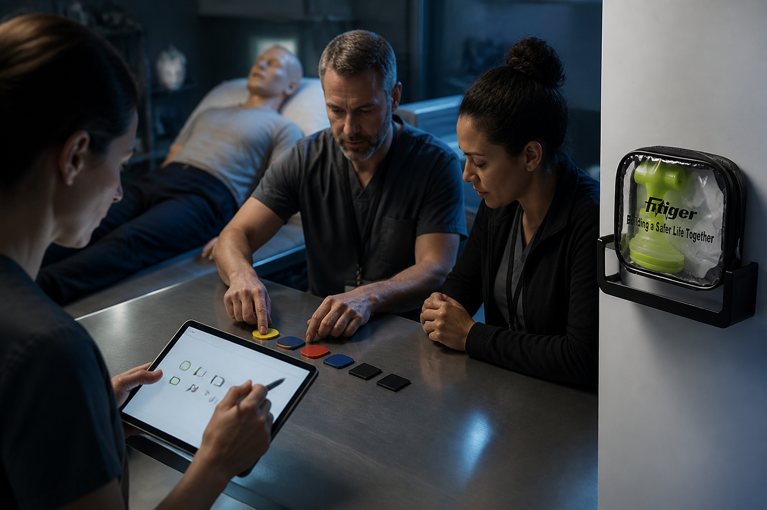 Care staff review first-line response and timing after an adult mannequin drill while the real closed Fitiger FoldPumpVac package remains in its second-line backup cradle.