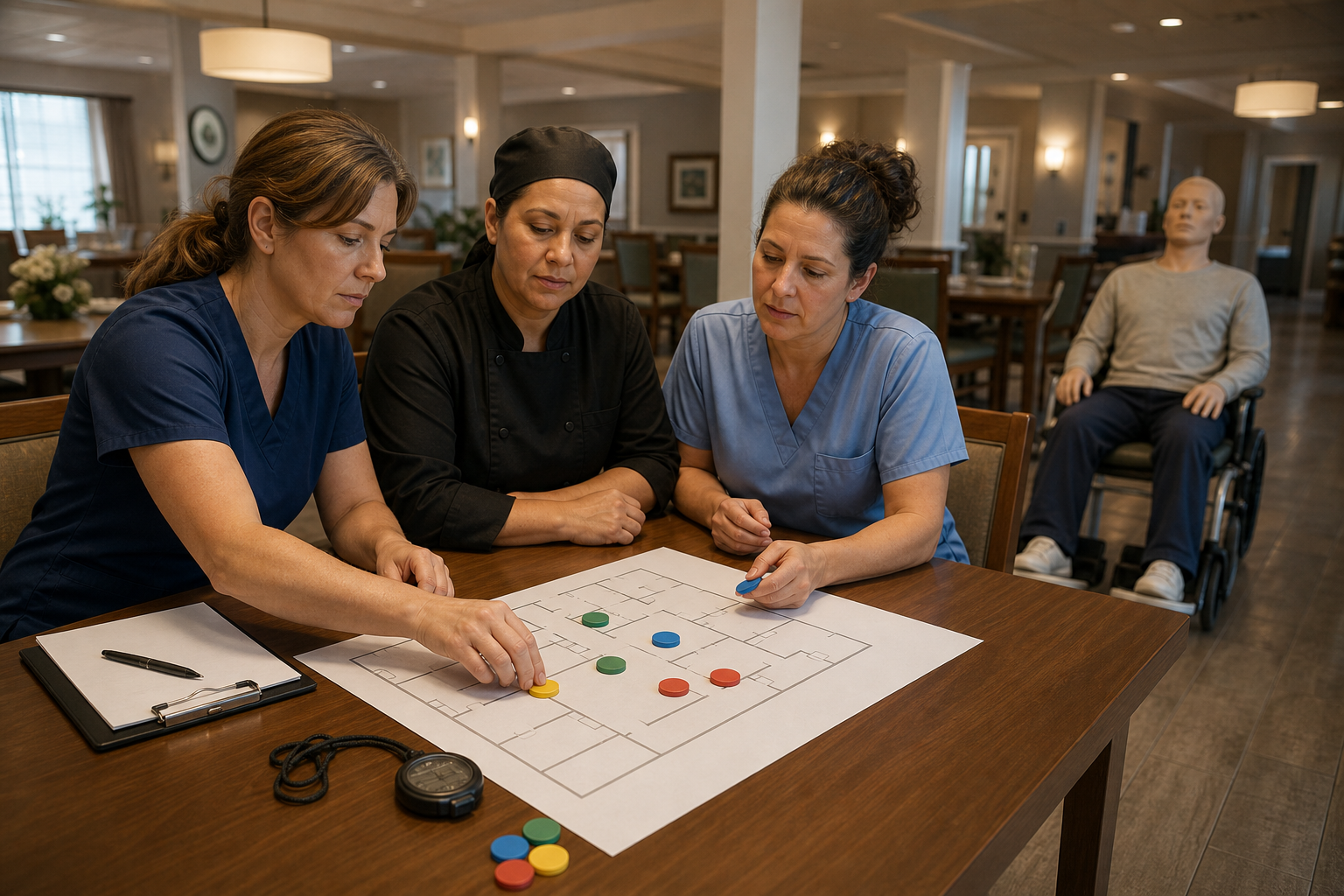 A nurse, dining-services lead, and caregiver reconstruct recognition, access, call, and transition timing after an adult mannequin drill.