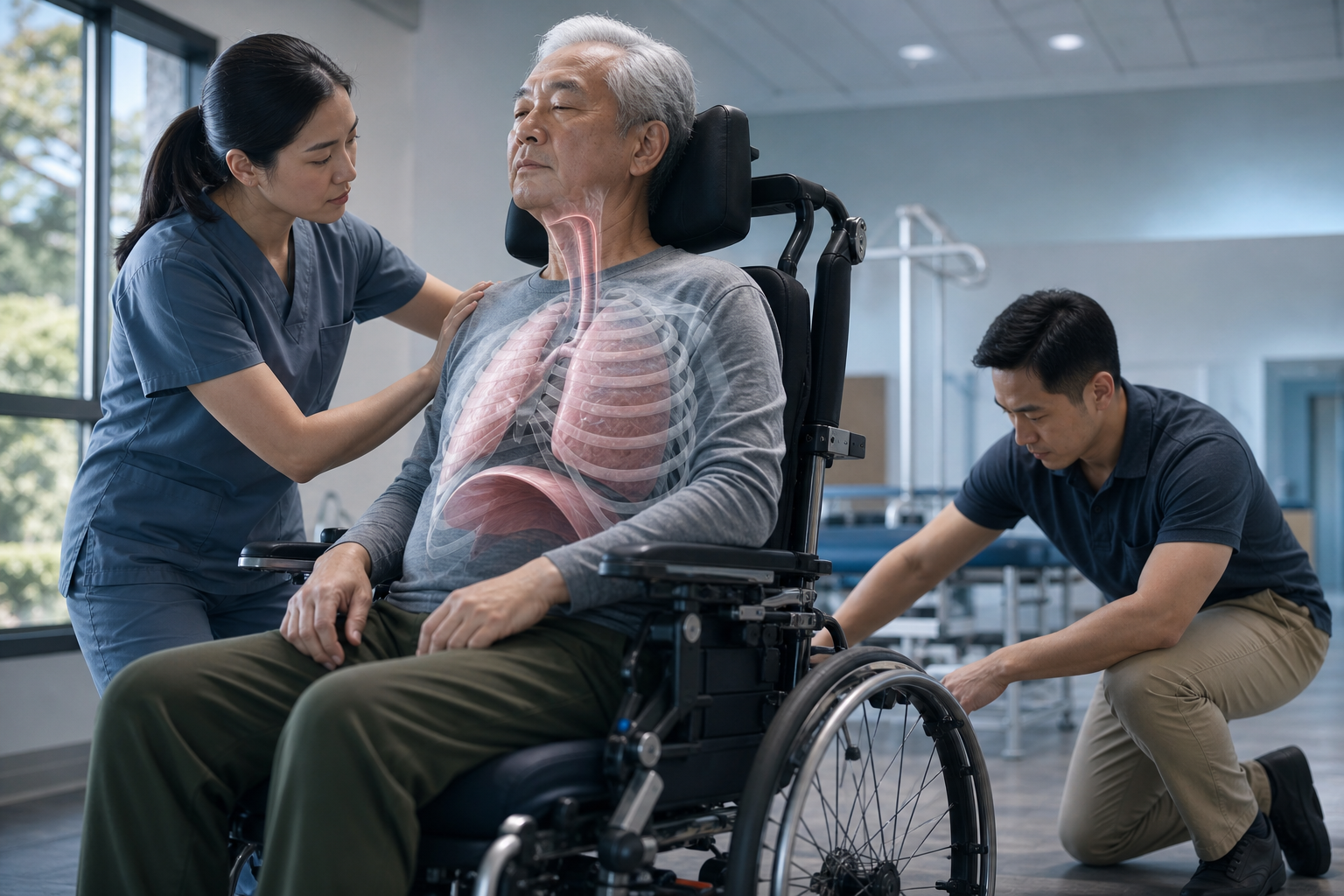 Caregivers assess a calm older adult's frailty, lung reserve, trunk support, and wheelchair access geometry before an emergency.