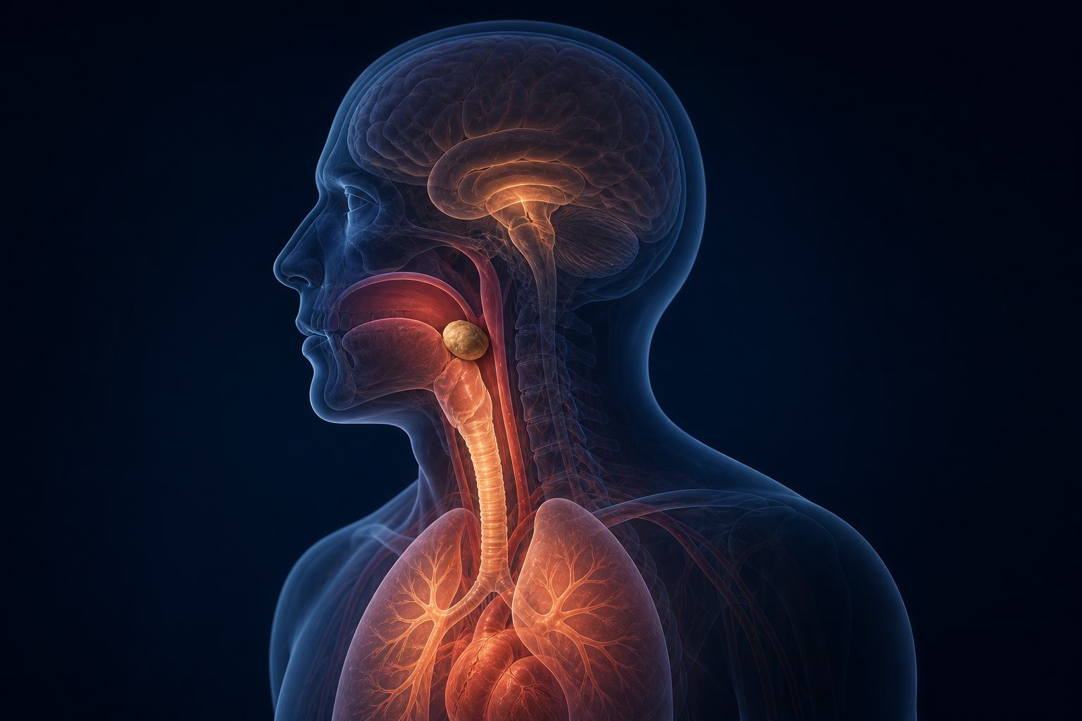 A medical anatomy view shows a food bolus blocking the upper airway as the oxygen pathway toward the brain fades.