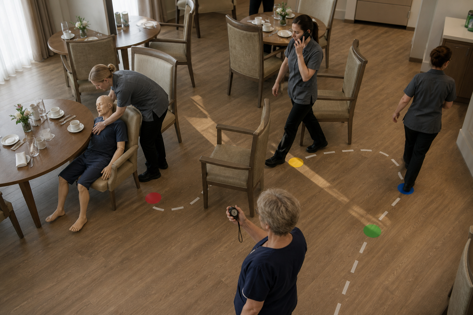 A care team measures recognition, phone activation, chair access, retrieval, and transition delays during an adult mannequin dining-room drill.