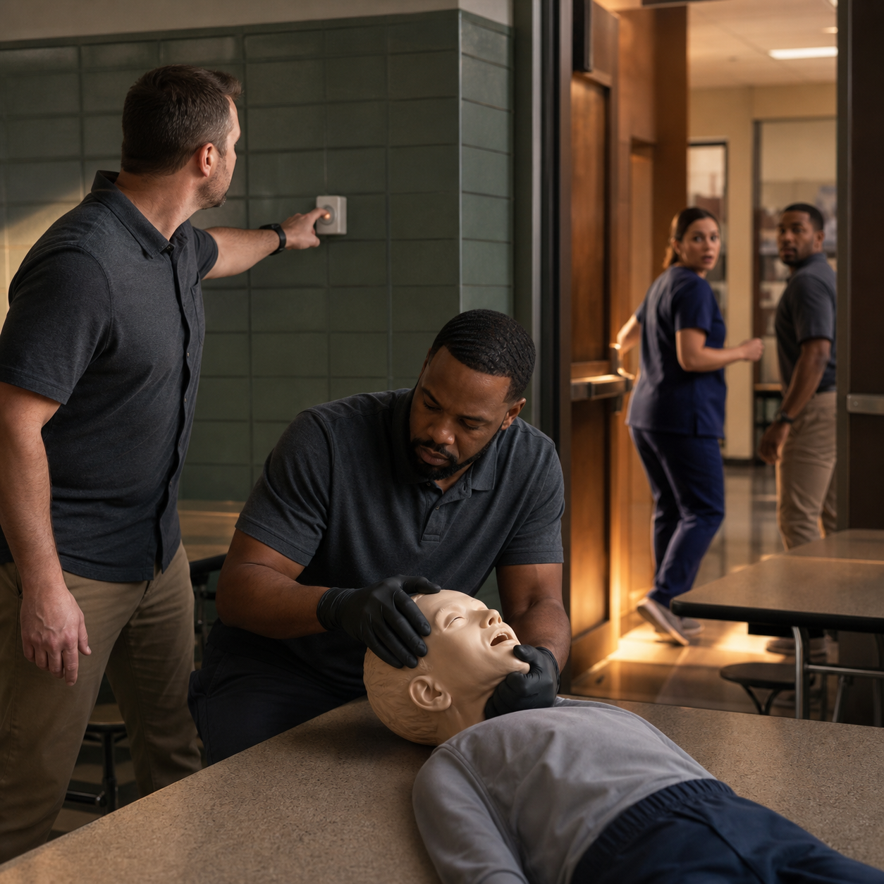 One adult activates a silent wall alert while another remains beside an adult training mannequin and support staff turn toward the room.