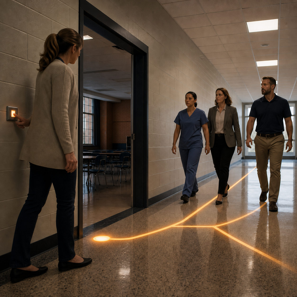 A nurse, administrator, and unmarked safety coordinator follow room-level alert routes toward one exact school doorway.