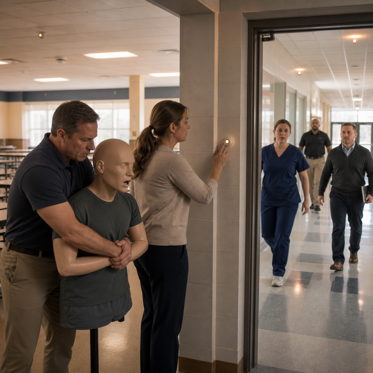 An adult practices first-line choking response on a training mannequin while a colleague activates the silent alert and backup adults arrive.