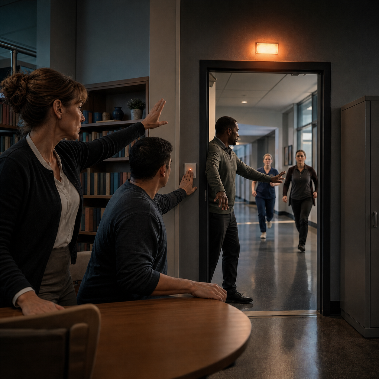 Adults in a school library recognize an emergency drill, trigger a silent alert, clear the doorway, and guide support into the exact room.