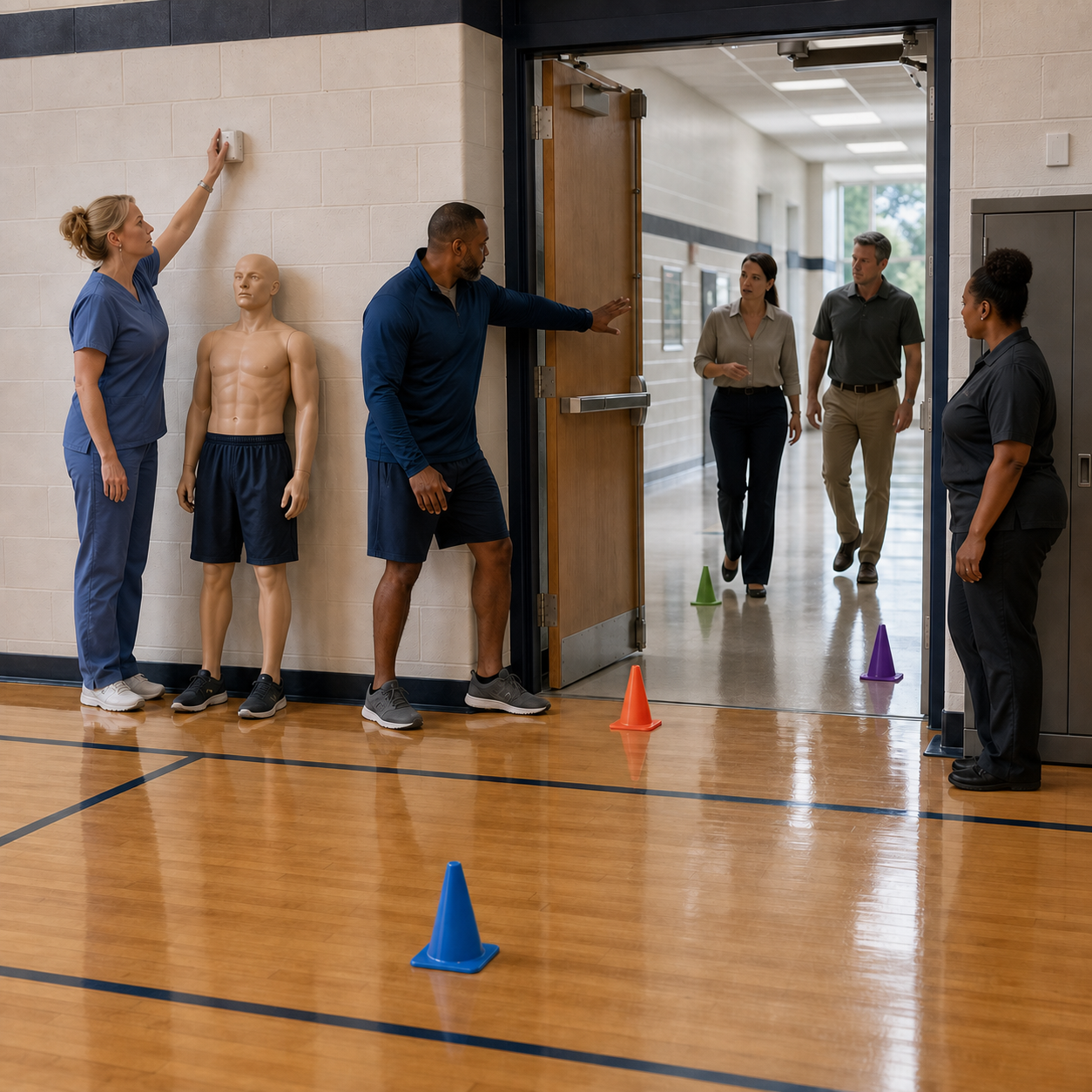 A school team rehearses silent alert activation, exact location, doorway clearance, responder roles, and travel paths during a gym drill.