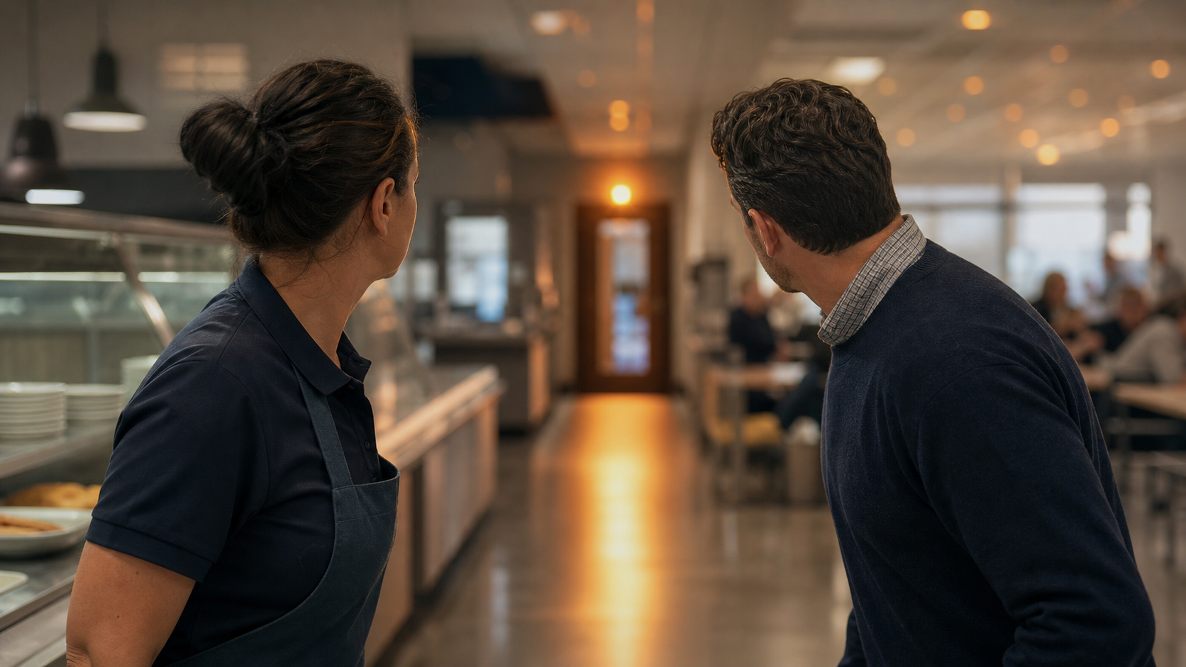 A cafeteria manager and teacher turn toward one precise high-priority signal while background alert noise fades.