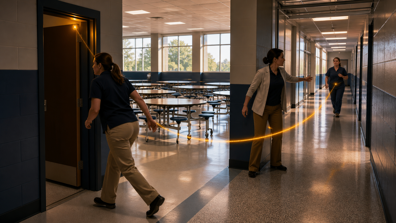 A room-level cafeteria alert routes the nearest adult, a corridor coordinator, and the school nurse to one exact doorway.