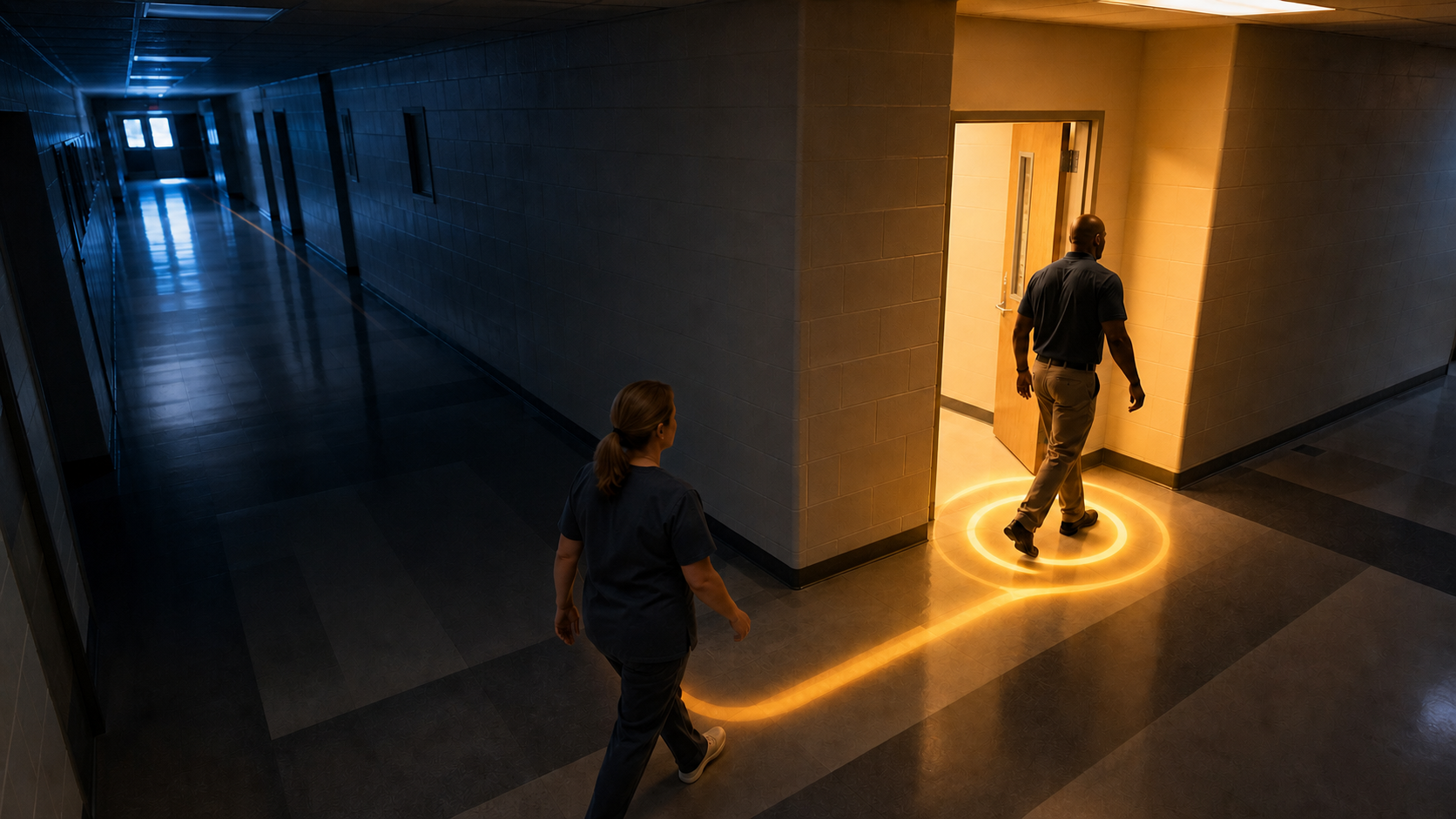 A school nurse follows one precise route to the correct classroom while the unmarked wrong hallway remains cold and empty.