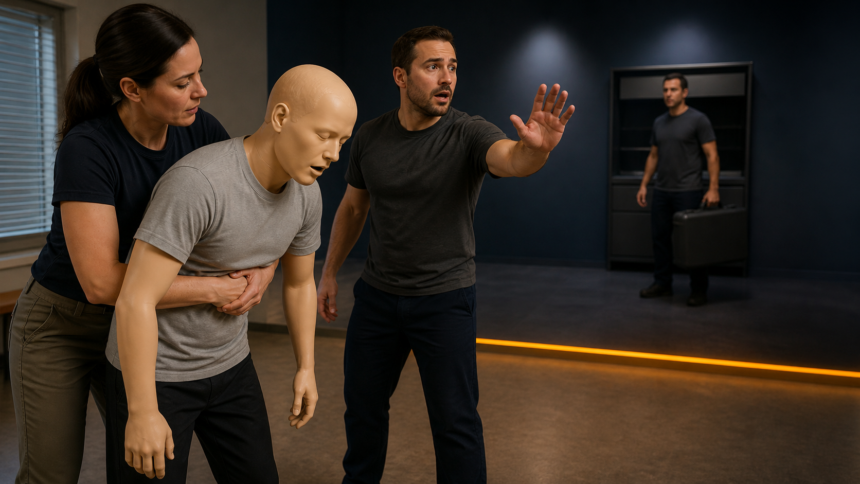 Adult staff practice first-line choking response while a sealed backup case remains beyond a clearly separated second-line boundary.