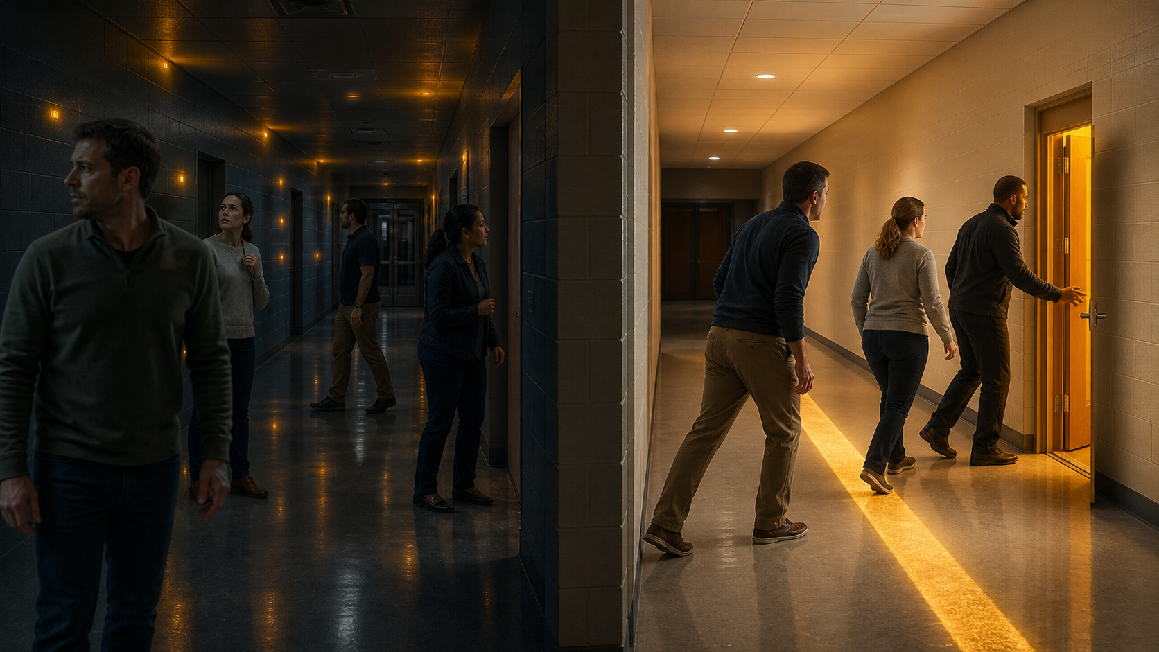 School staff scatter under many weak alert signals but align immediately around one precise rescue-ready route.
