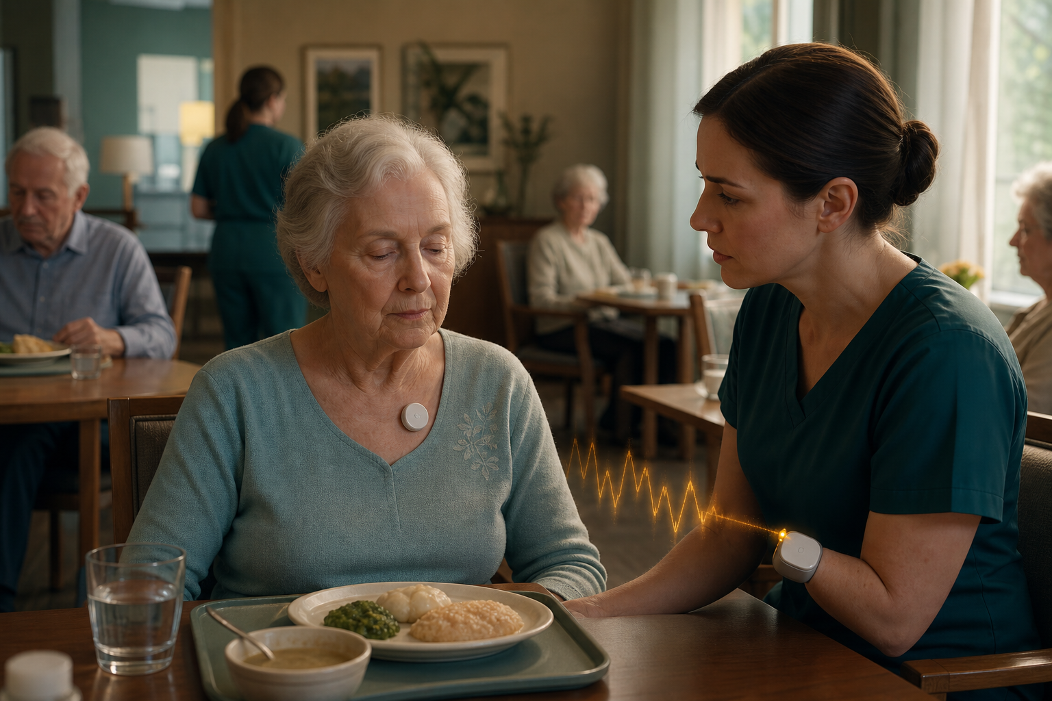 A caregiver notices a subtle physiologic warning from an unbranded sensor while a calm older adult sits upright in a busy dining room.