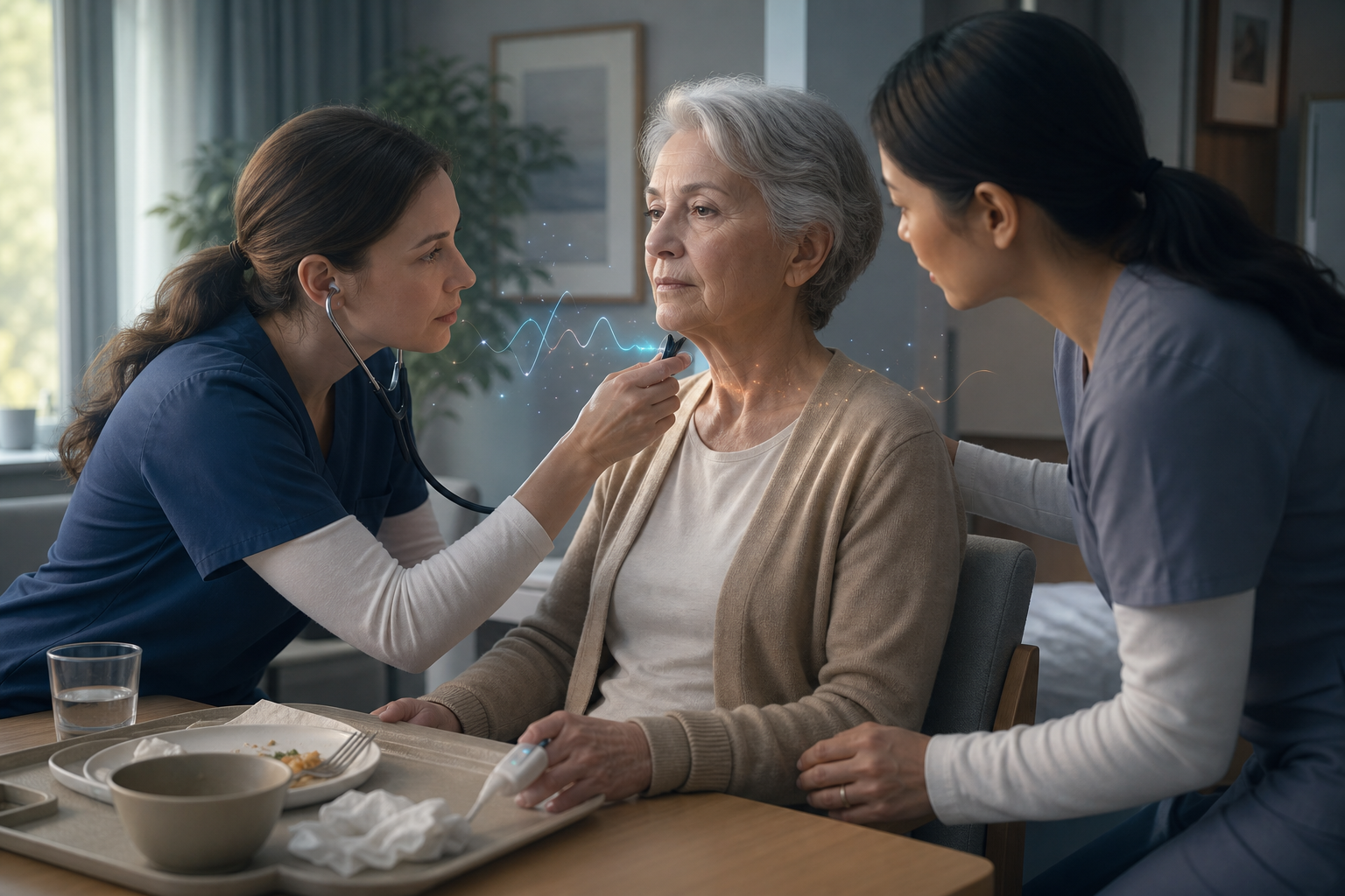 Two nurses assess a calm older adult's voice, breathing, posture, and discreet sensor changes after a meal.