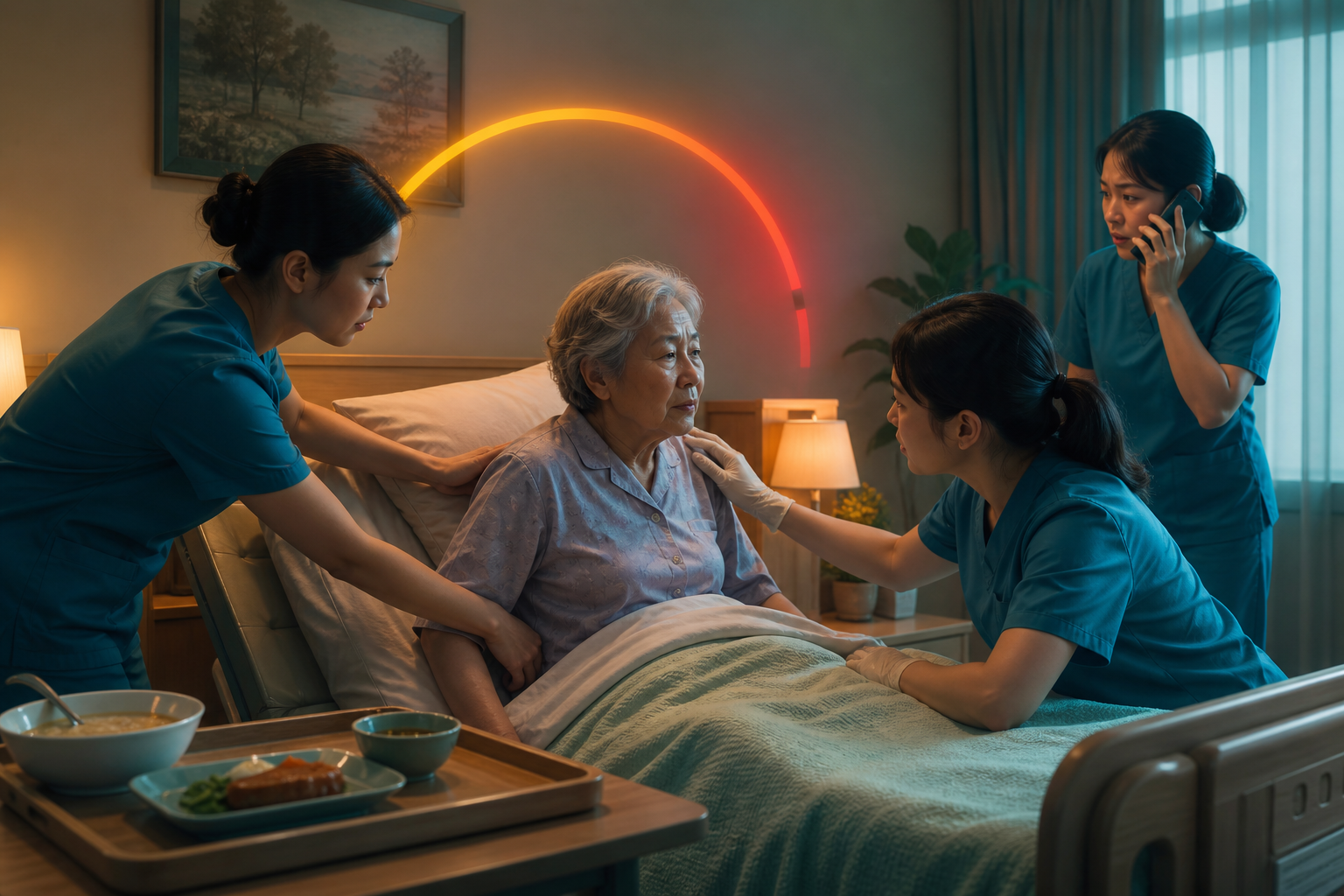 Care staff pause feeding, reposition a resident, assess breathing, and call for help within a narrowing early-warning window.