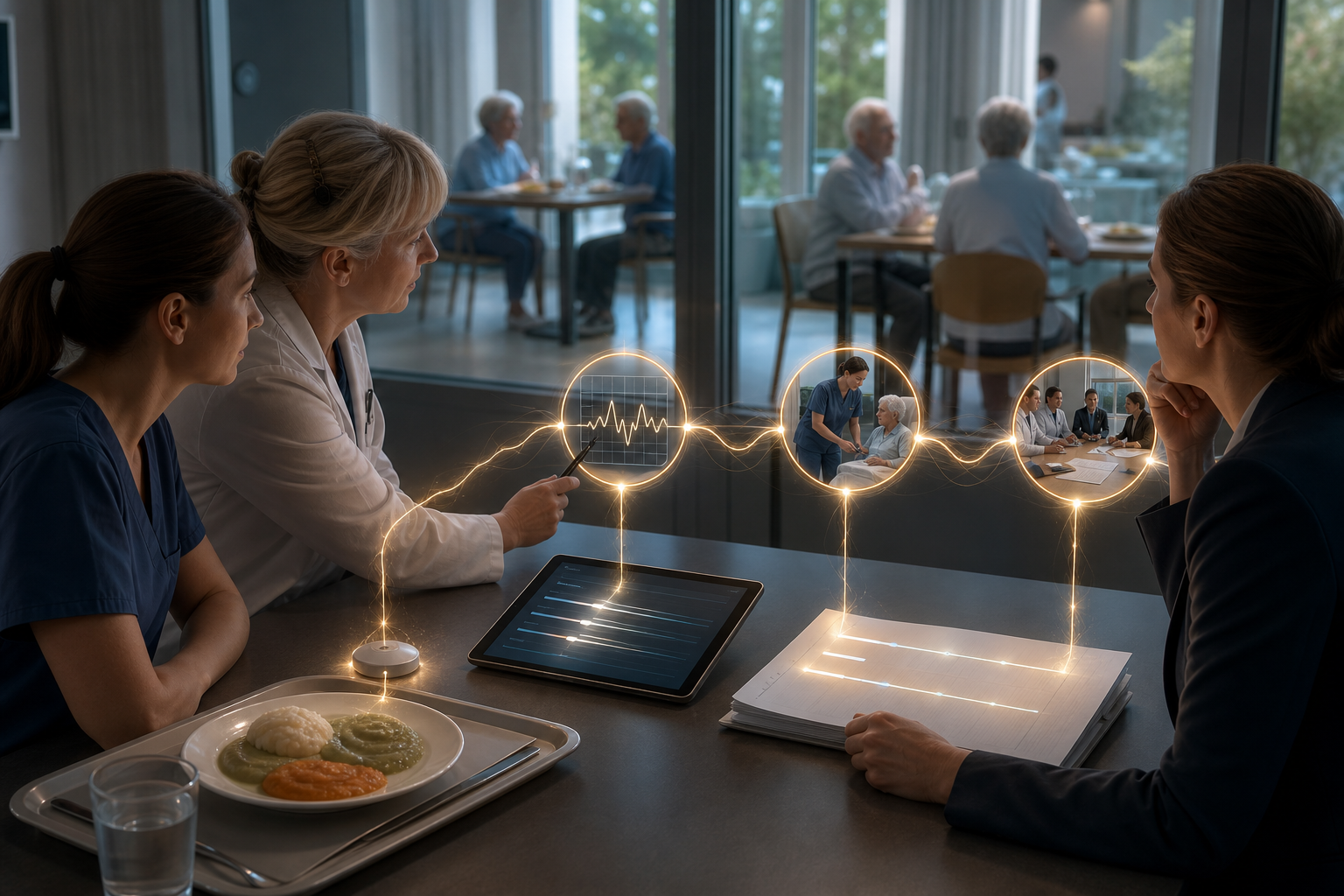 A clinical team links meal context, an abstract monitoring signal, staff response, and later quality review in one evidence chain.