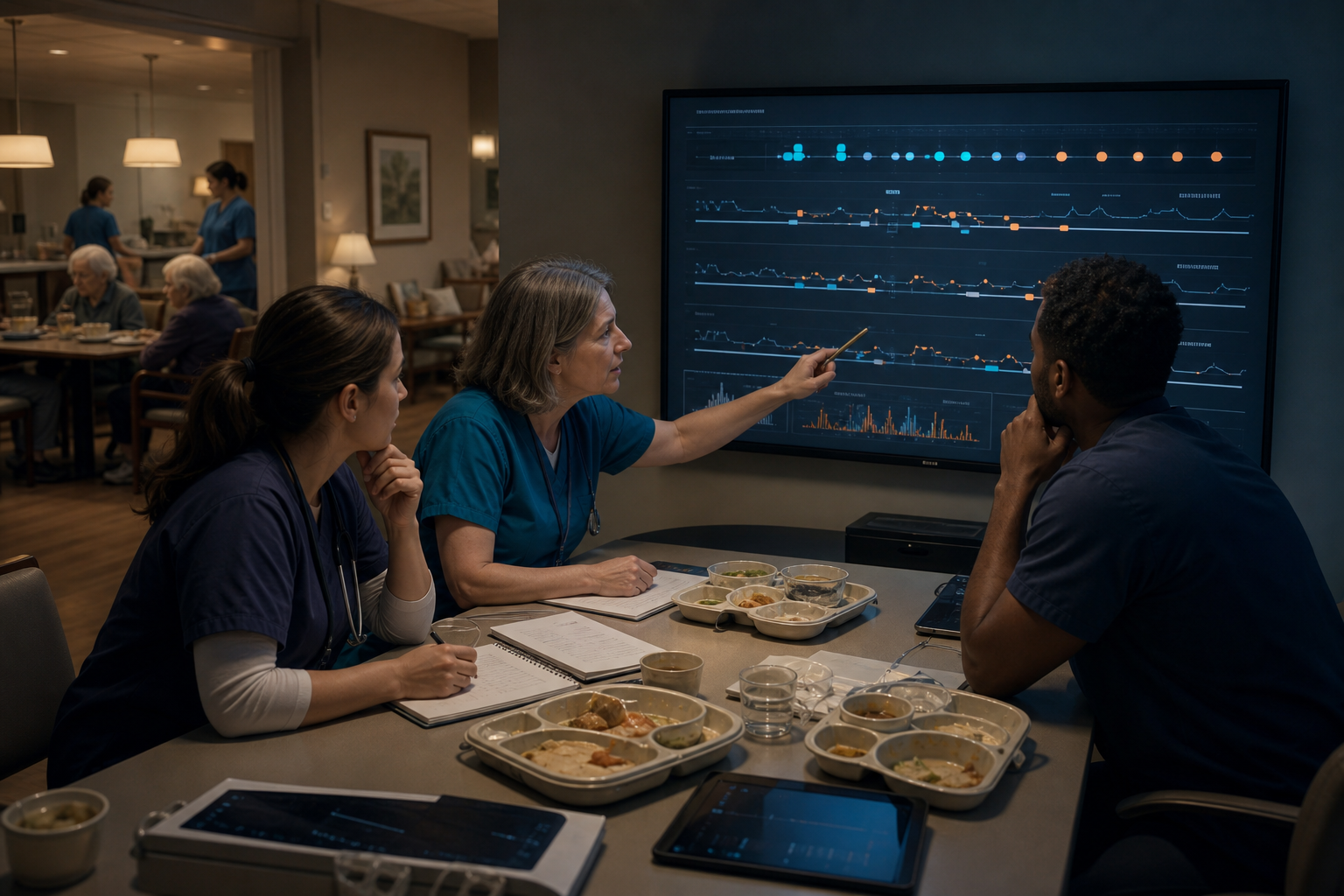 Care clinicians review repeated post-meal monitoring patterns across residents and shifts as a system-level warning.