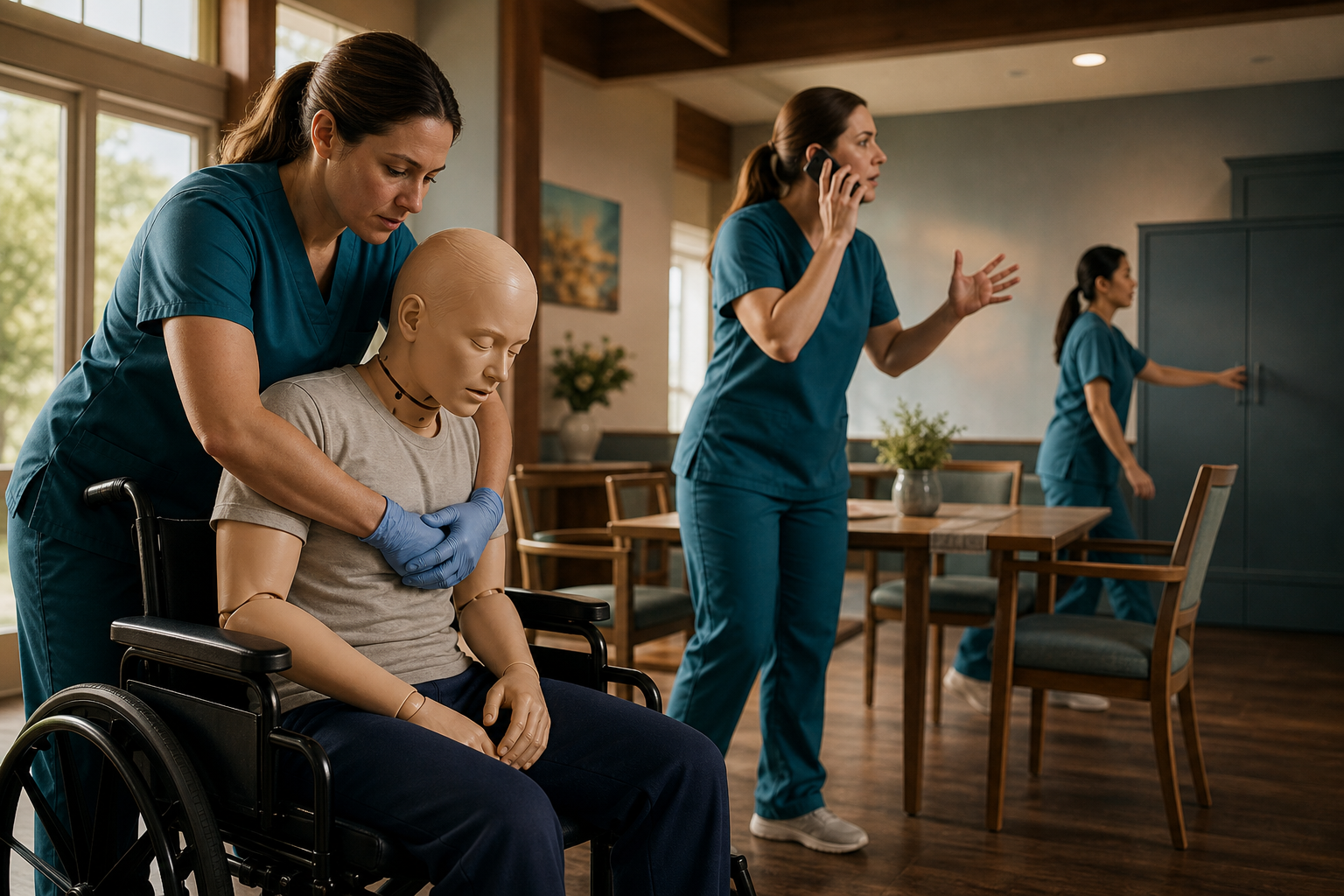 Caregivers begin first-line choking response on an adult training mannequin while another calls emergency services before backup retrieval.