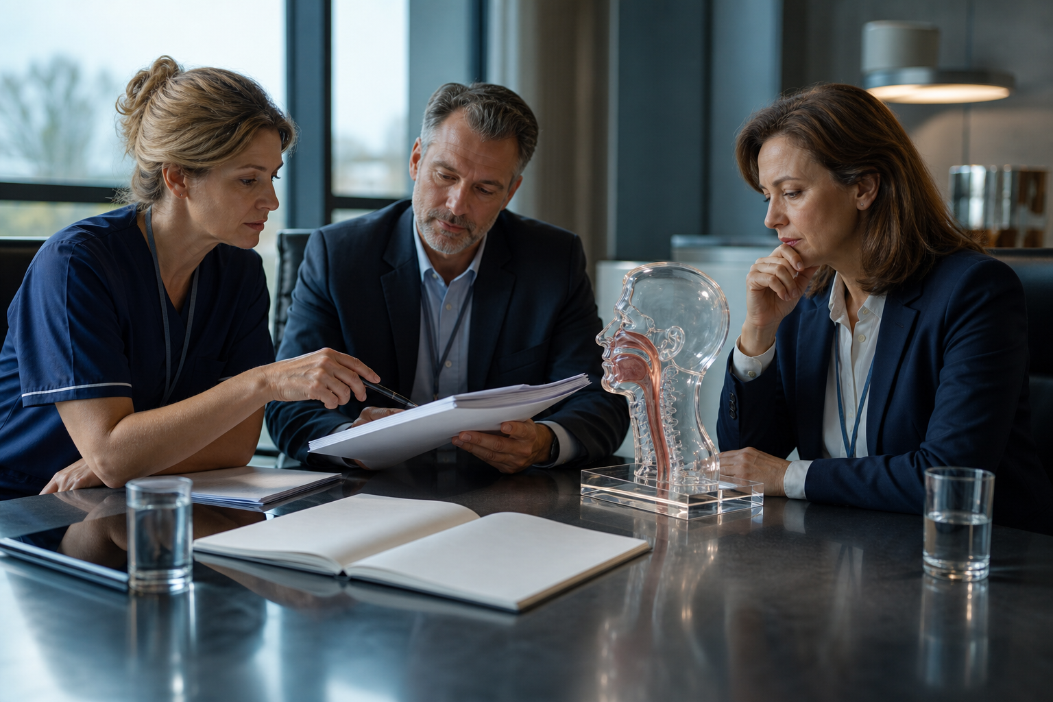 A clinical team reviews authorization, instructions, and second-line boundaries before elder-care device procurement.