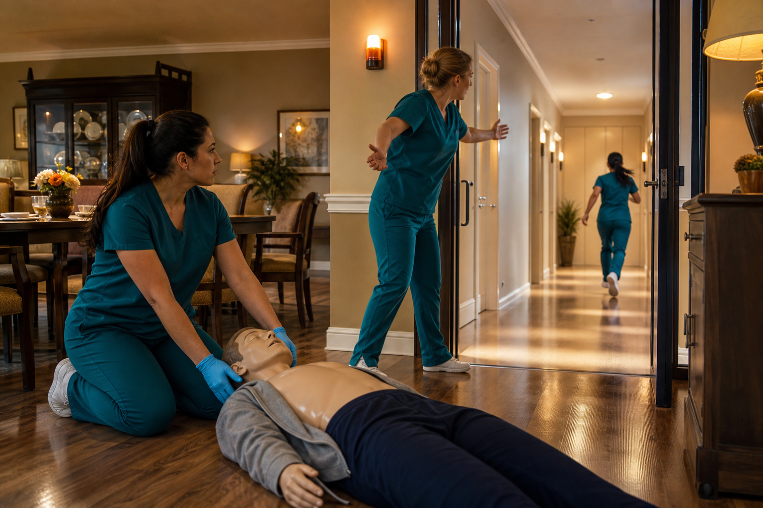 An elder-care team times the route to backup storage while staff remain with an adult training mannequin and coordinate the response.