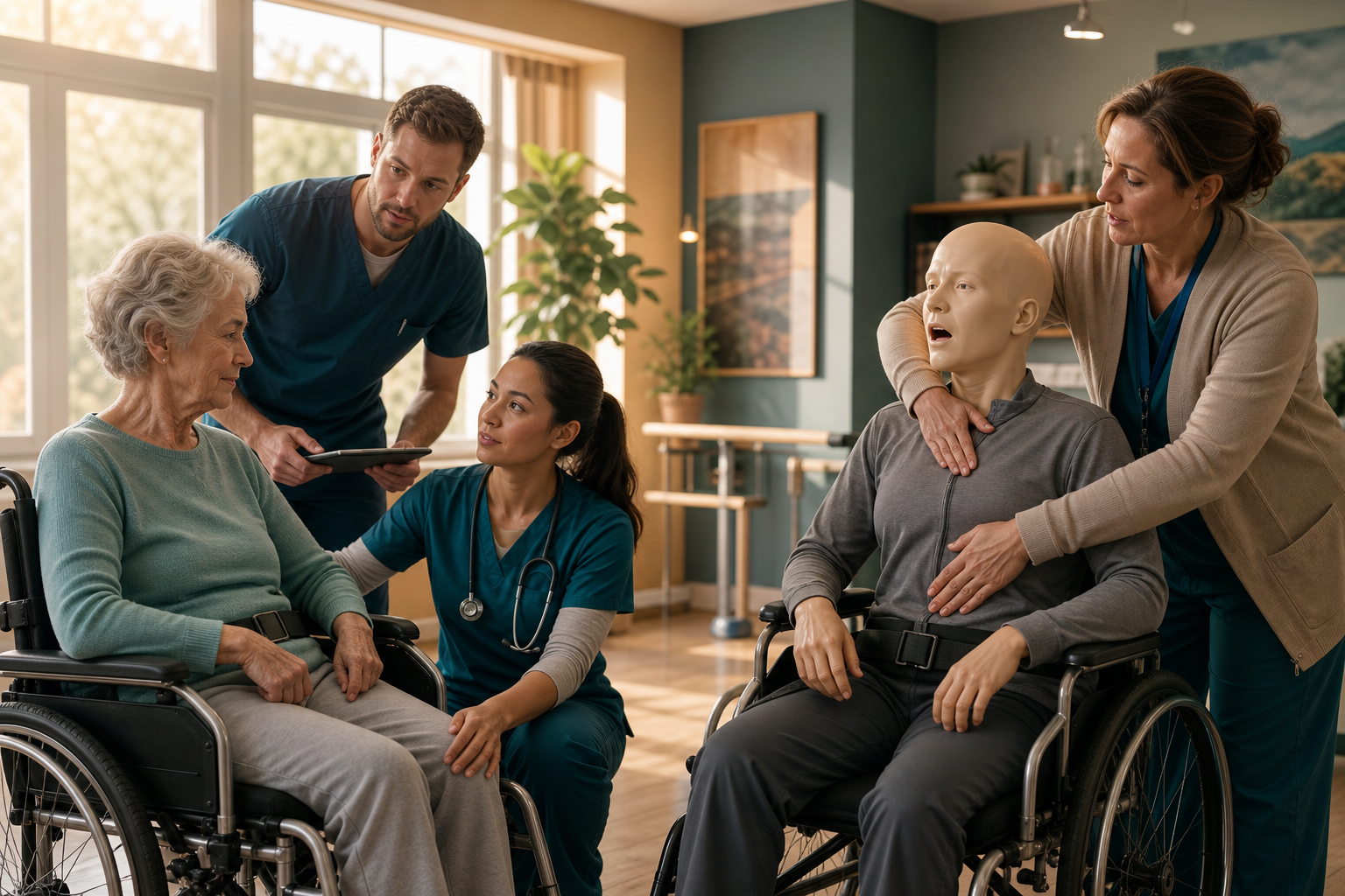 Care staff assess a calm frail resident and adapt first-line choking-response practice on a clearly artificial adult mannequin.