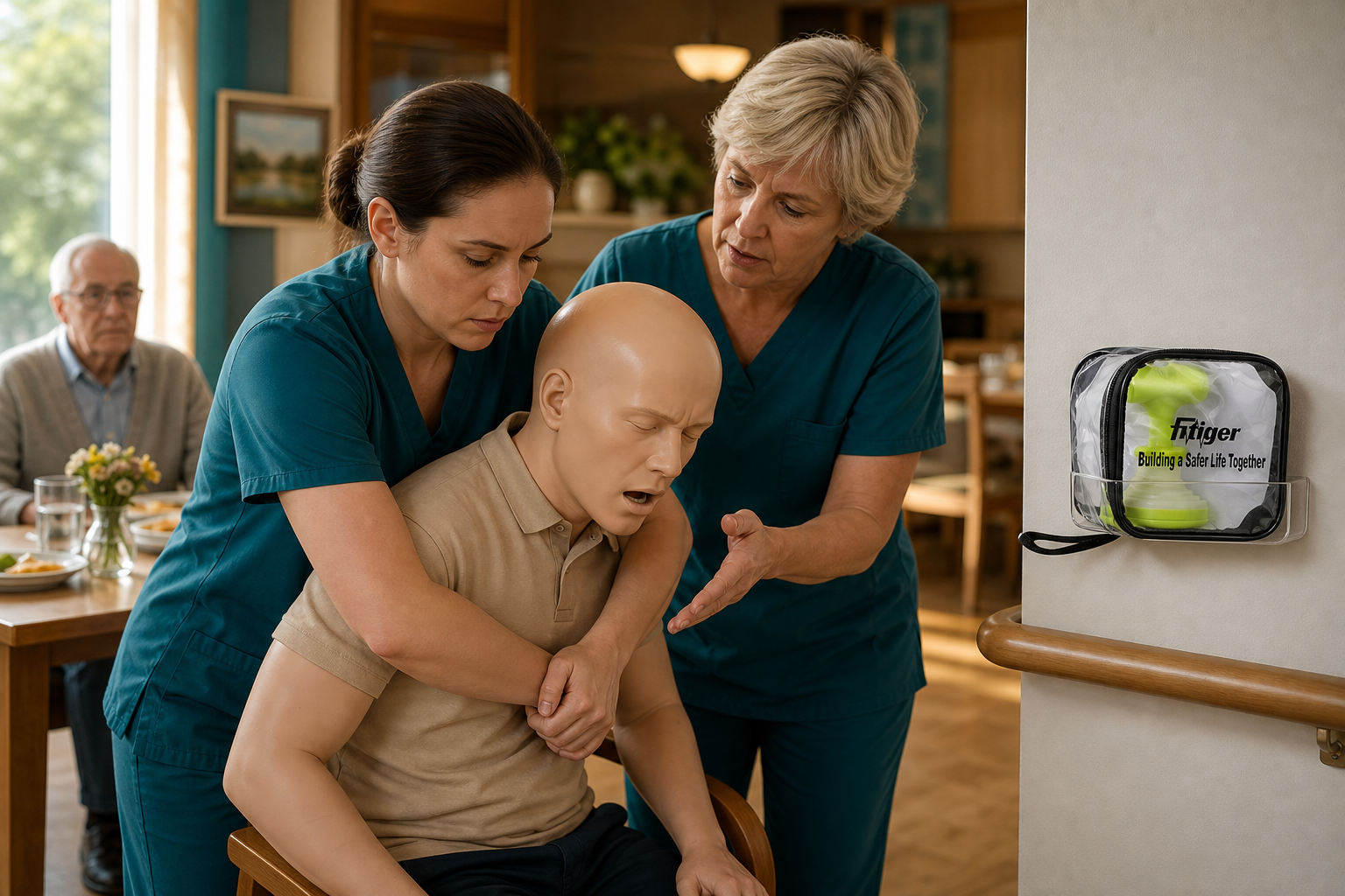 The real Fitiger FoldPumpVac package is staged near dining risk as second-line backup while staff practice manual rescue first.
