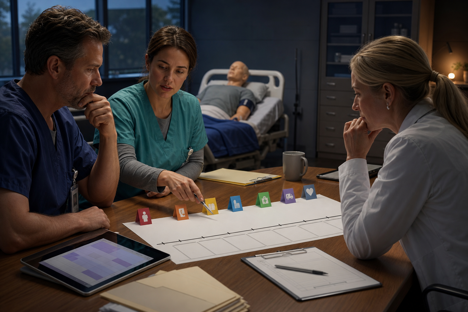 Care clinicians review a post-event timeline covering first-line rescue, second-line escalation, outcome, EMS handoff, and follow-up.