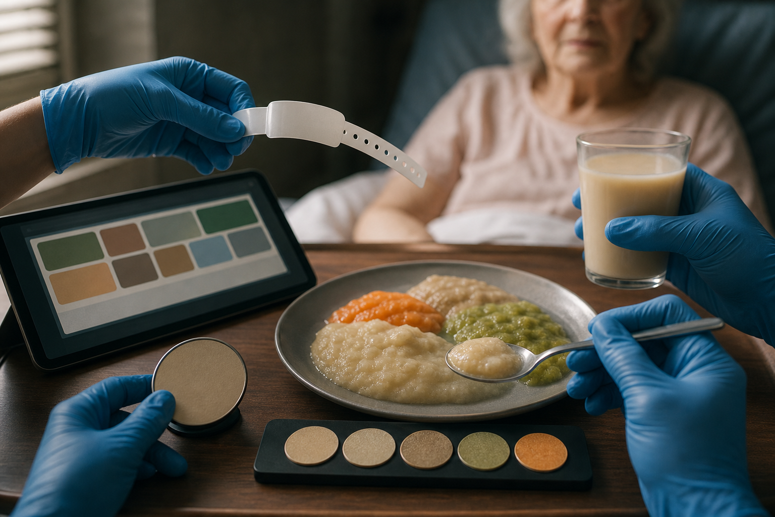 Gloved hands compare a blank resident band, abstract care record, served food texture, and thickened drink at the bedside.