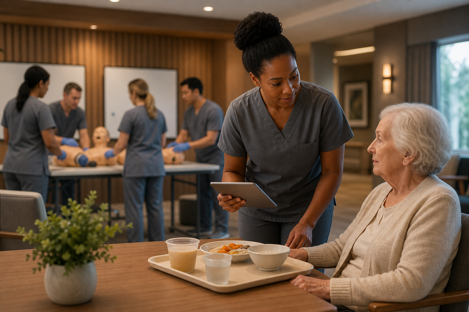 A caregiver performs real bedside meal verification while colleagues practice dysphagia procedures on adult training mannequins in the background.