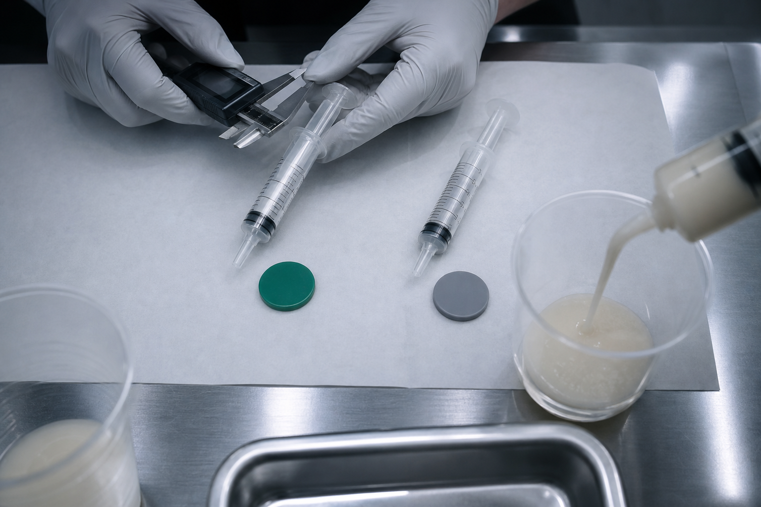 Gloved hands compare two clear slip-tip syringe geometries with a precision caliper during thickened-drink testing.