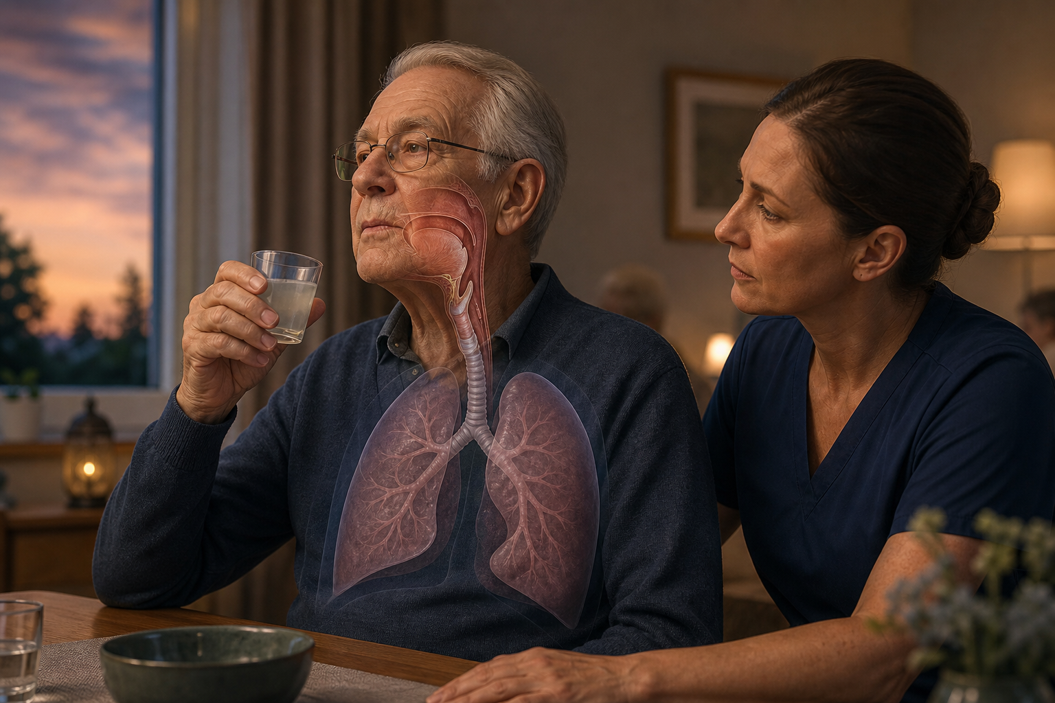 A caregiver observes a calm older adult after a small sip as an educational airway and lung overlay illustrates quiet aspiration risk.