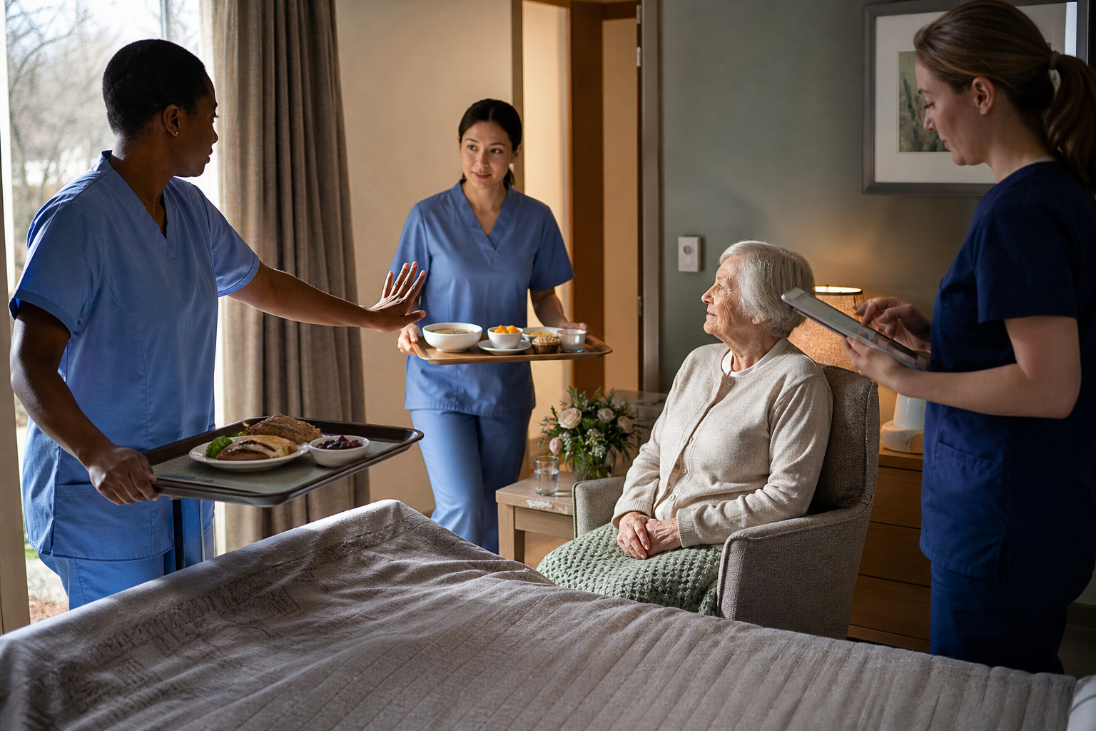 Care staff stop a mismatched tray and bring a corrected meal before feeding a calm older adult.
