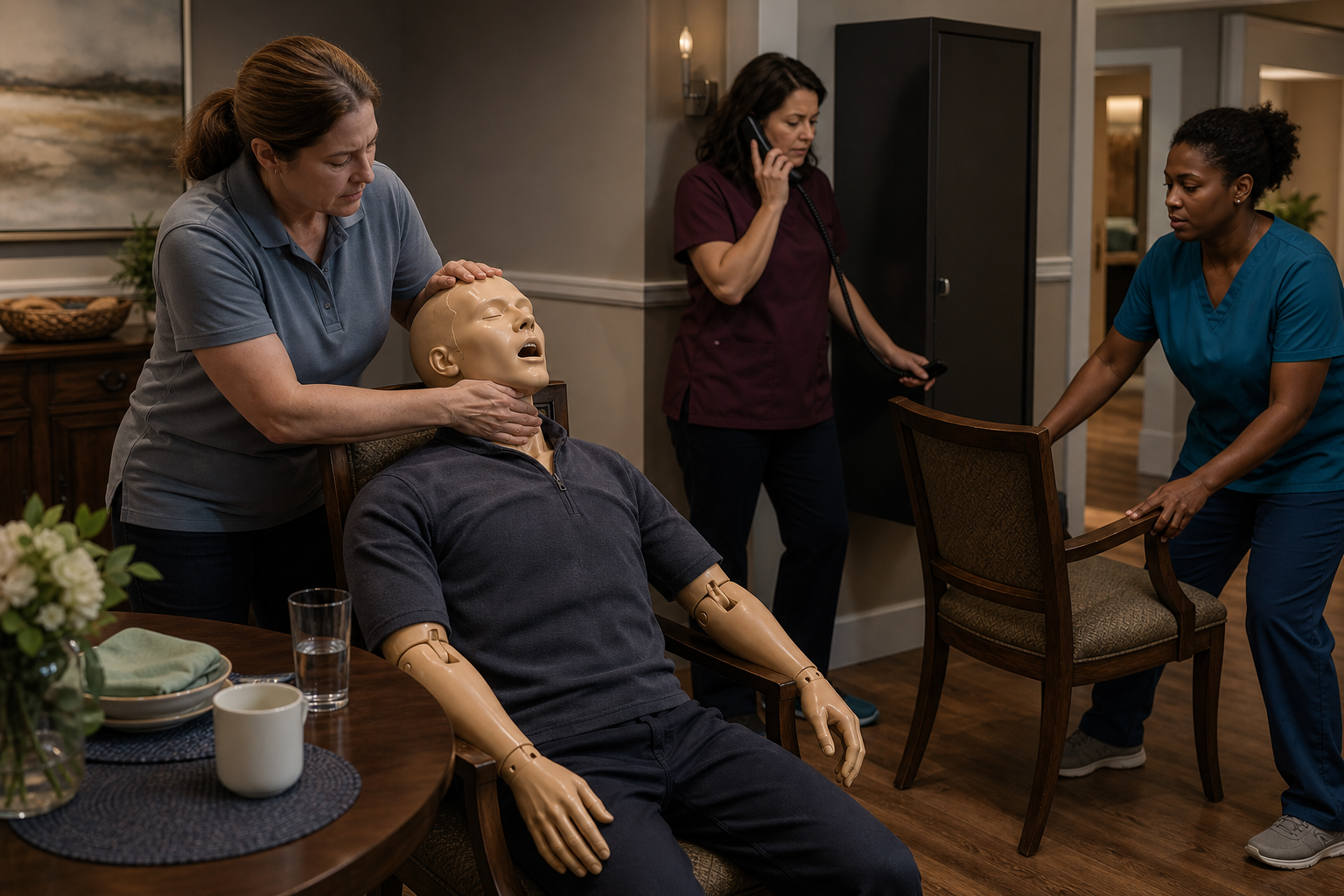 An elder-care team practices first-line response, emergency activation, chair clearance, and role coordination with a clearly artificial adult mannequin.