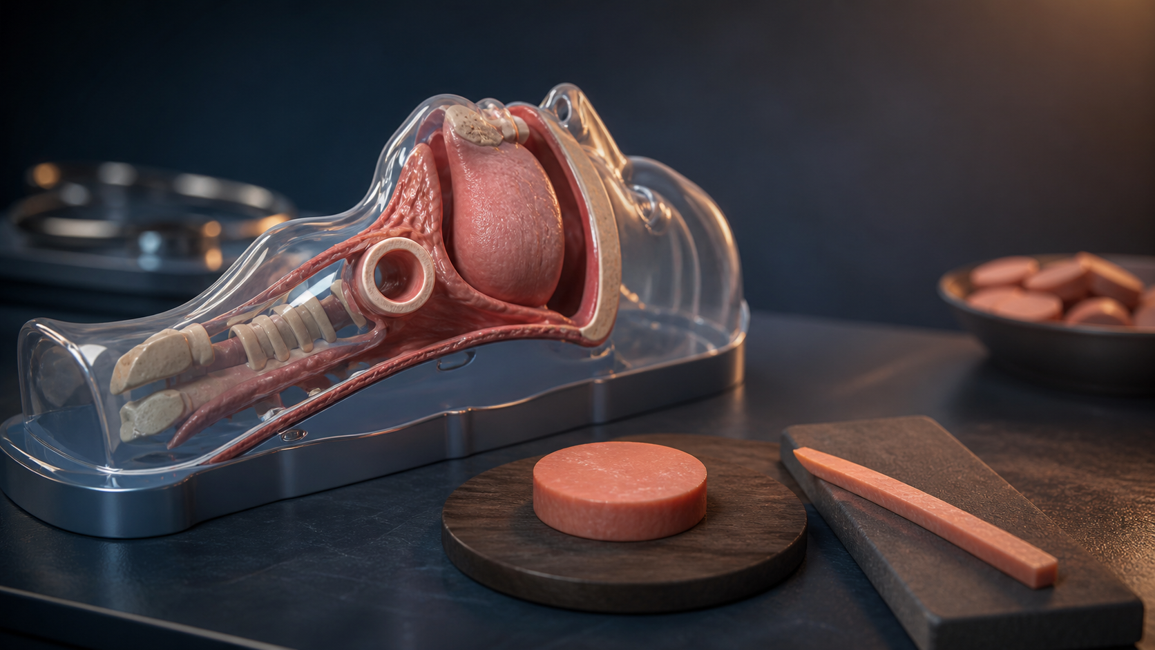 A pediatric airway training model sits beside a round hot-dog slice and a narrow lengthwise strip for shape comparison.