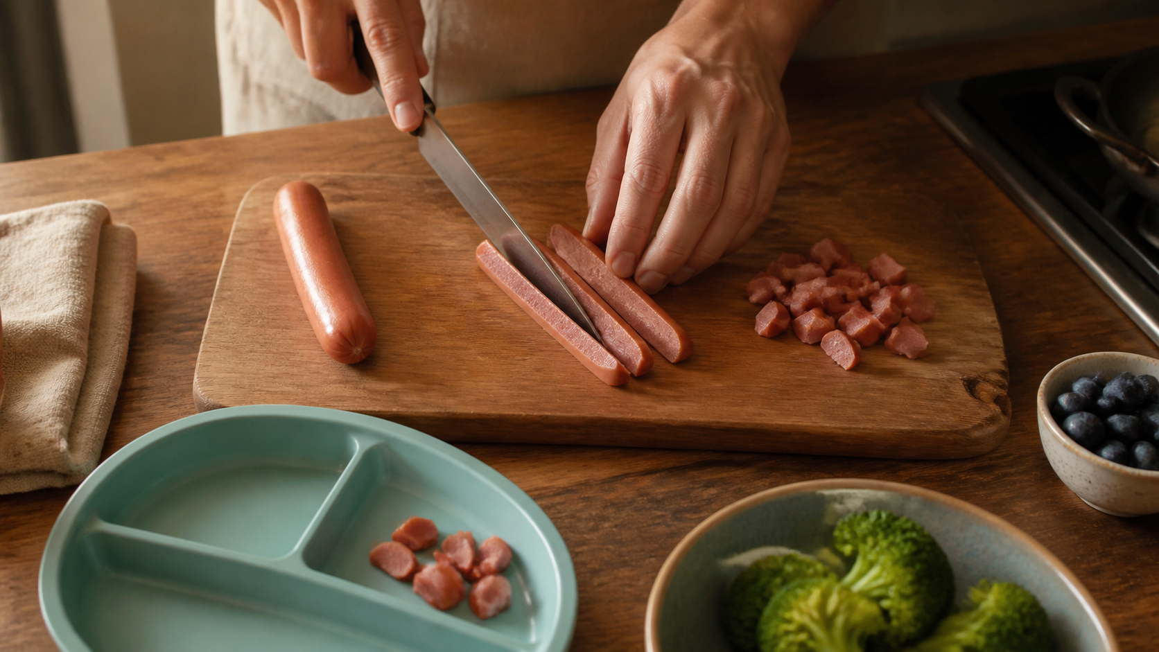 A caregiver cuts a cooked hot dog lengthwise and then divides the strips into small irregular pieces.