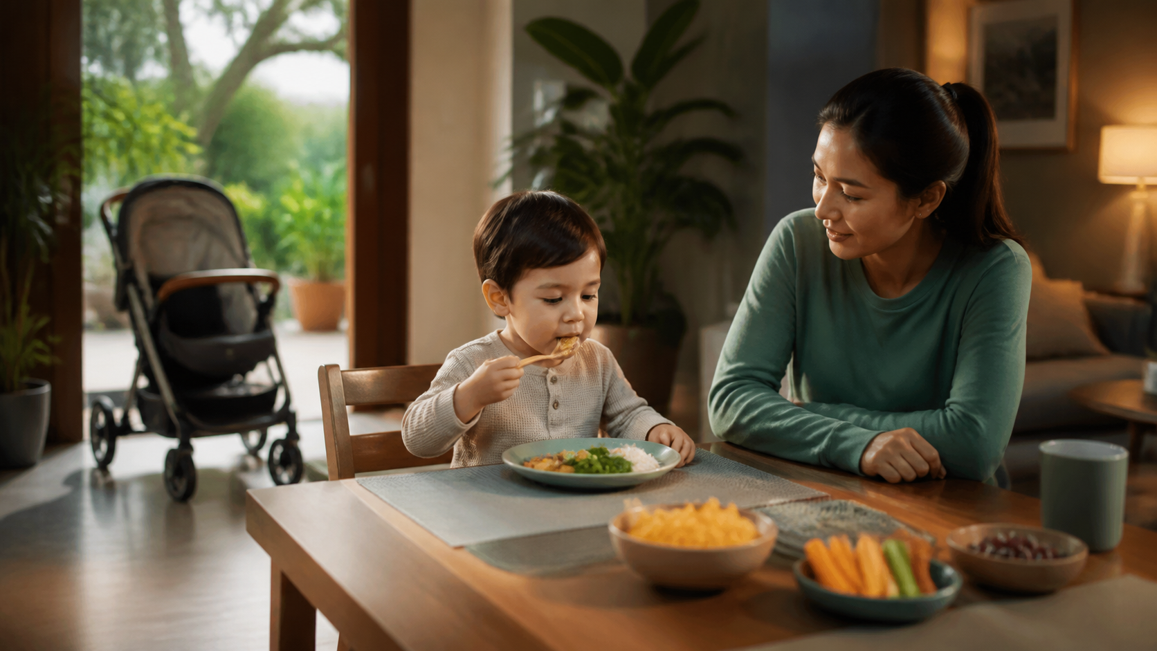 A child eats seated at the dining table under close caregiver supervision while an empty stroller remains away from the meal.