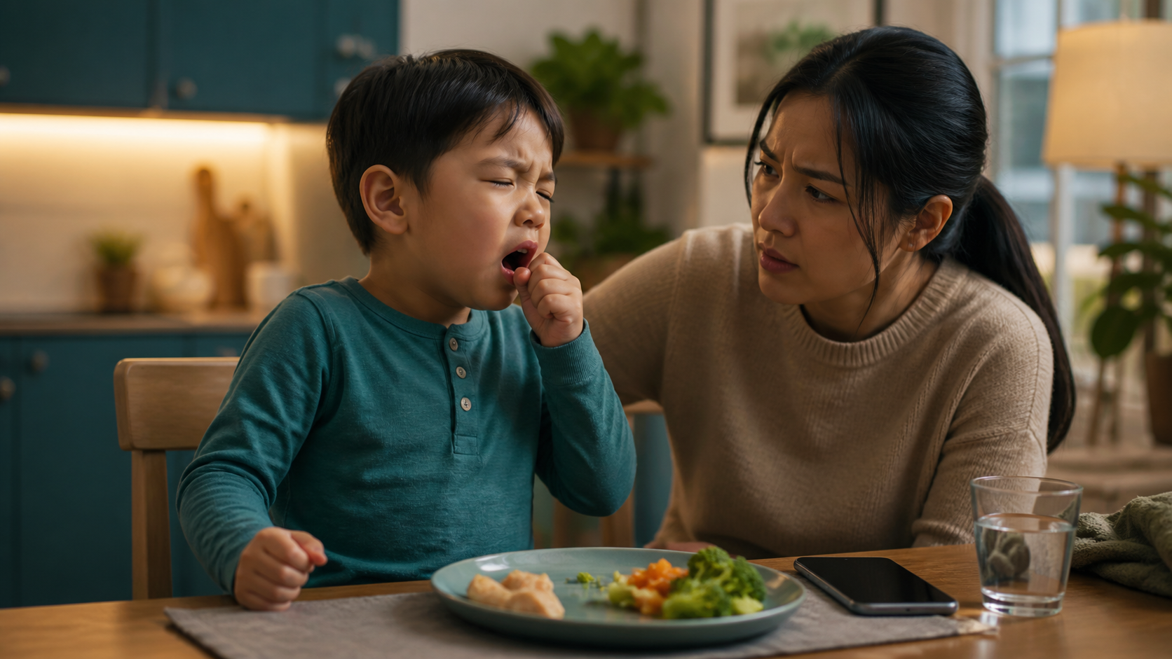 A responsive child coughs during a meal while a caregiver observes breathing without reaching into the mouth.