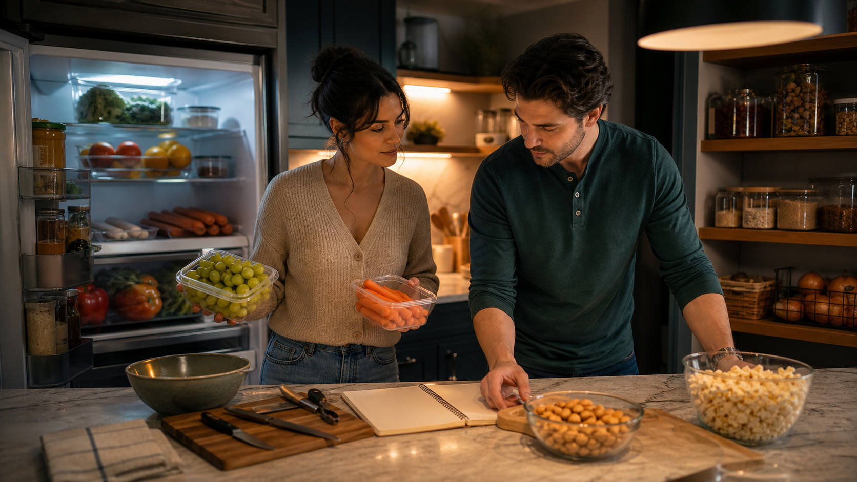 Two caregivers inspect ordinary refrigerator and pantry foods during a five-minute family kitchen safety audit.