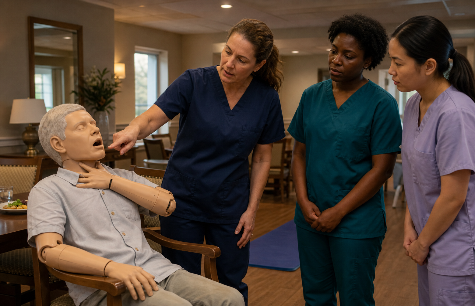 Caregivers learn to recognize sudden inability to speak or cough effectively using an artificial older-adult training mannequin.