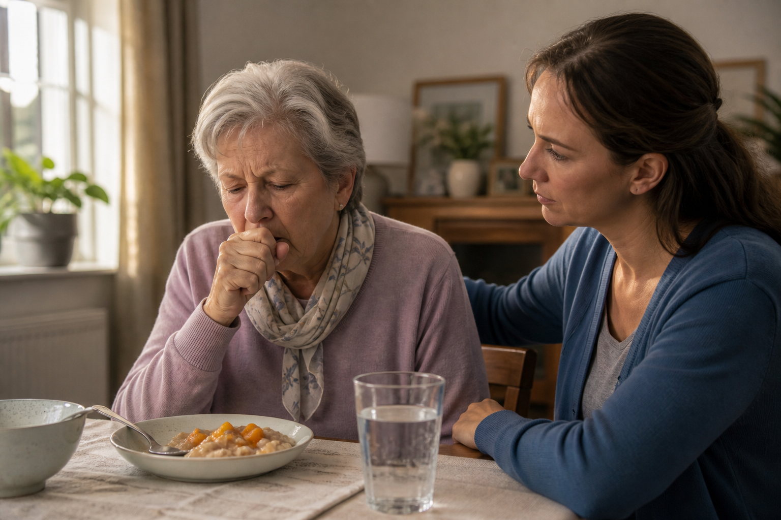 A caregiver observes coughing after water, fatigue, and other recurring mealtime patterns that may warrant aspiration assessment.