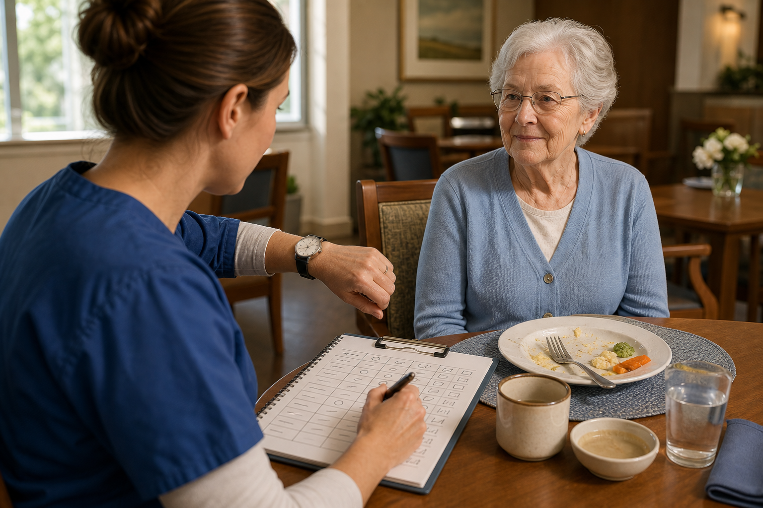 A caregiver documents mealtime symptoms, food texture, posture, and timing for later clinical review.