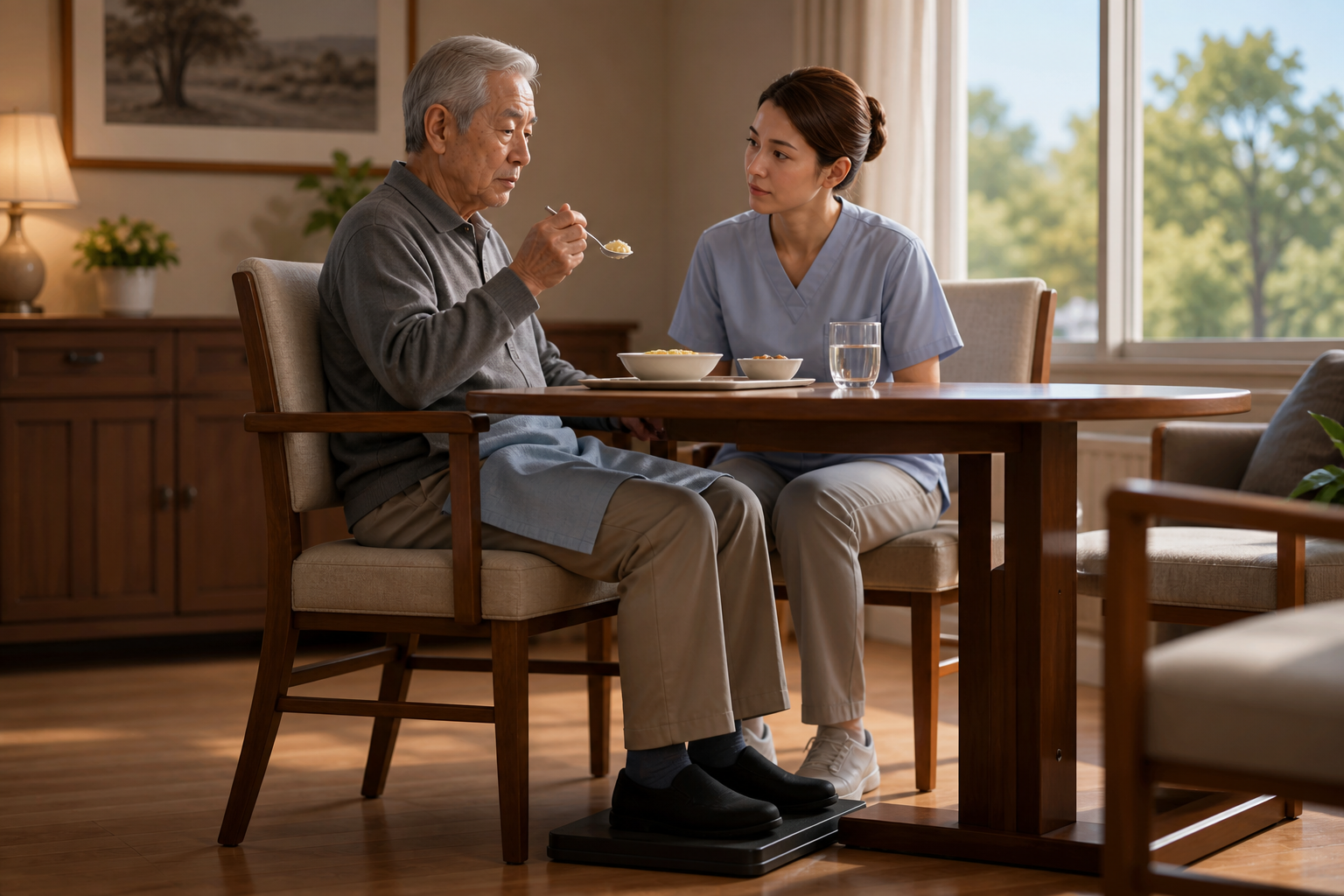 An older adult sits upright, takes a small bite, and pauses while a nearby caregiver observes breathing and fatigue.