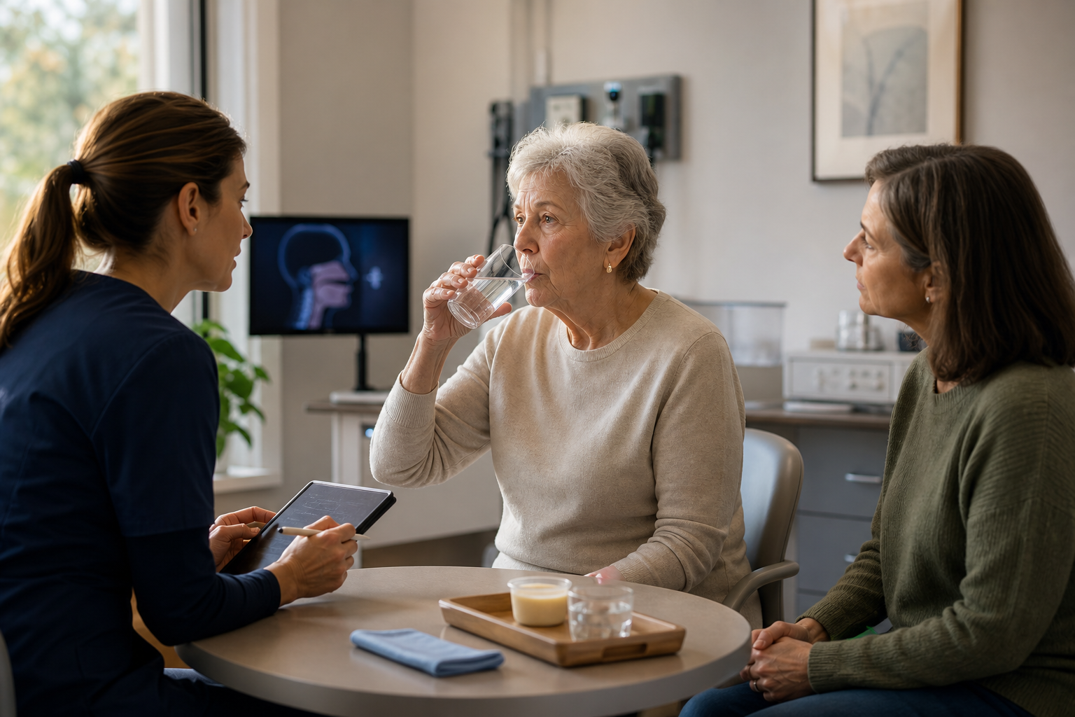 A speech-language pathologist supervises a small sip during a swallowing evaluation with the older adult and caregiver.