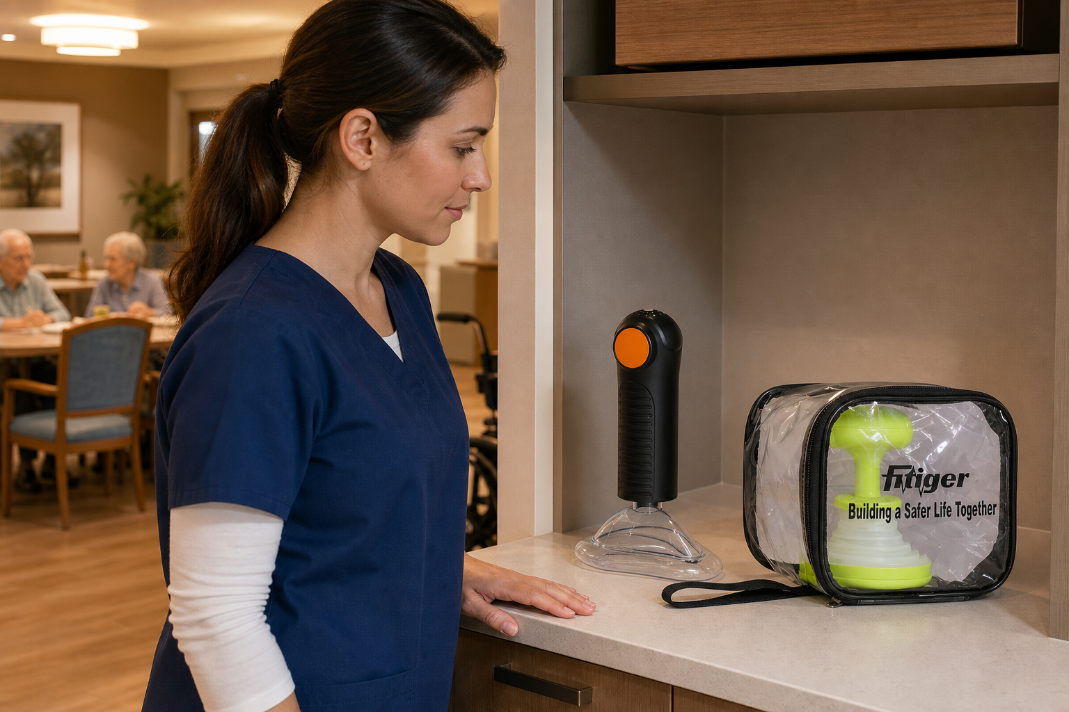 A caregiver checks the real FITIGER EasyPumpVac at a fixed station and packaged FoldPumpVac portable backup.
