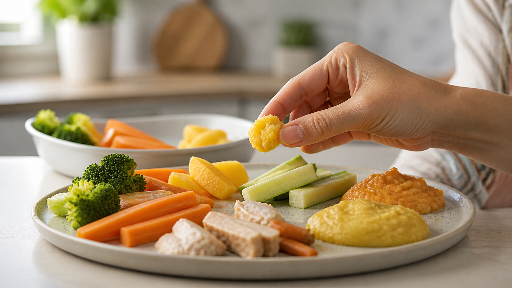 Cinematic 3D soft food textures prepared in safe graspable shapes for baby-led weaning