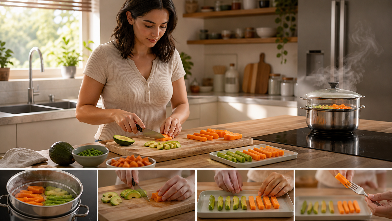 Cinematic 3D caregiver preparing soft first foods in developmentally appropriate baby-led weaning shapes