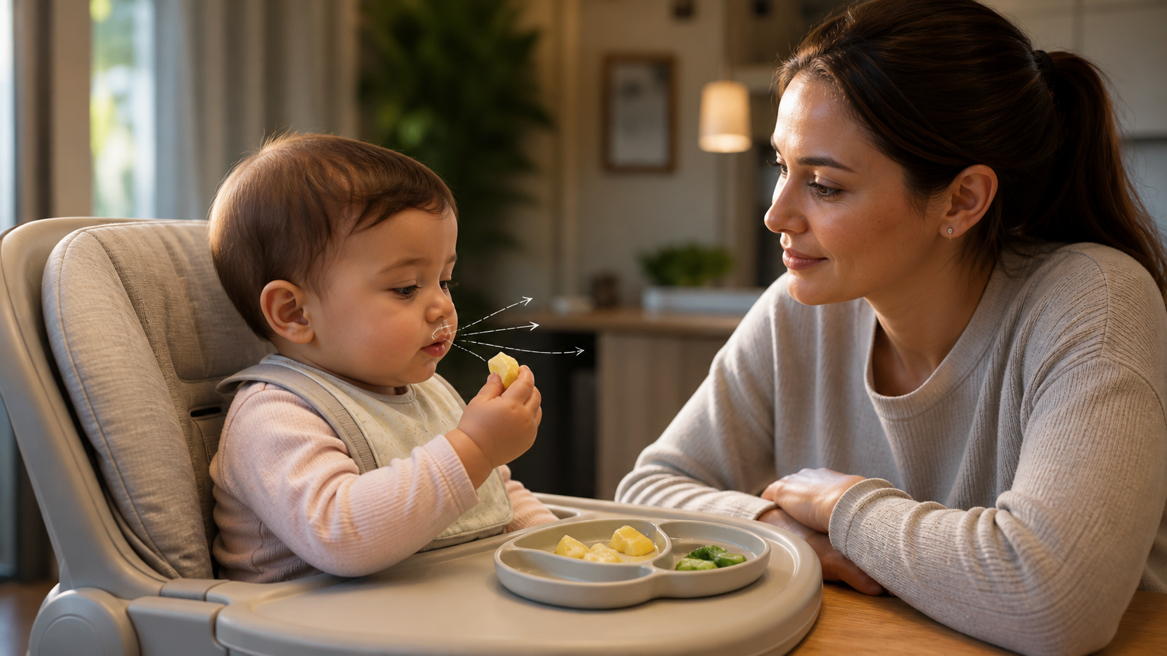 Cinematic 3D upright high-chair supervision with a caregiver watching an infant's airflow during a meal