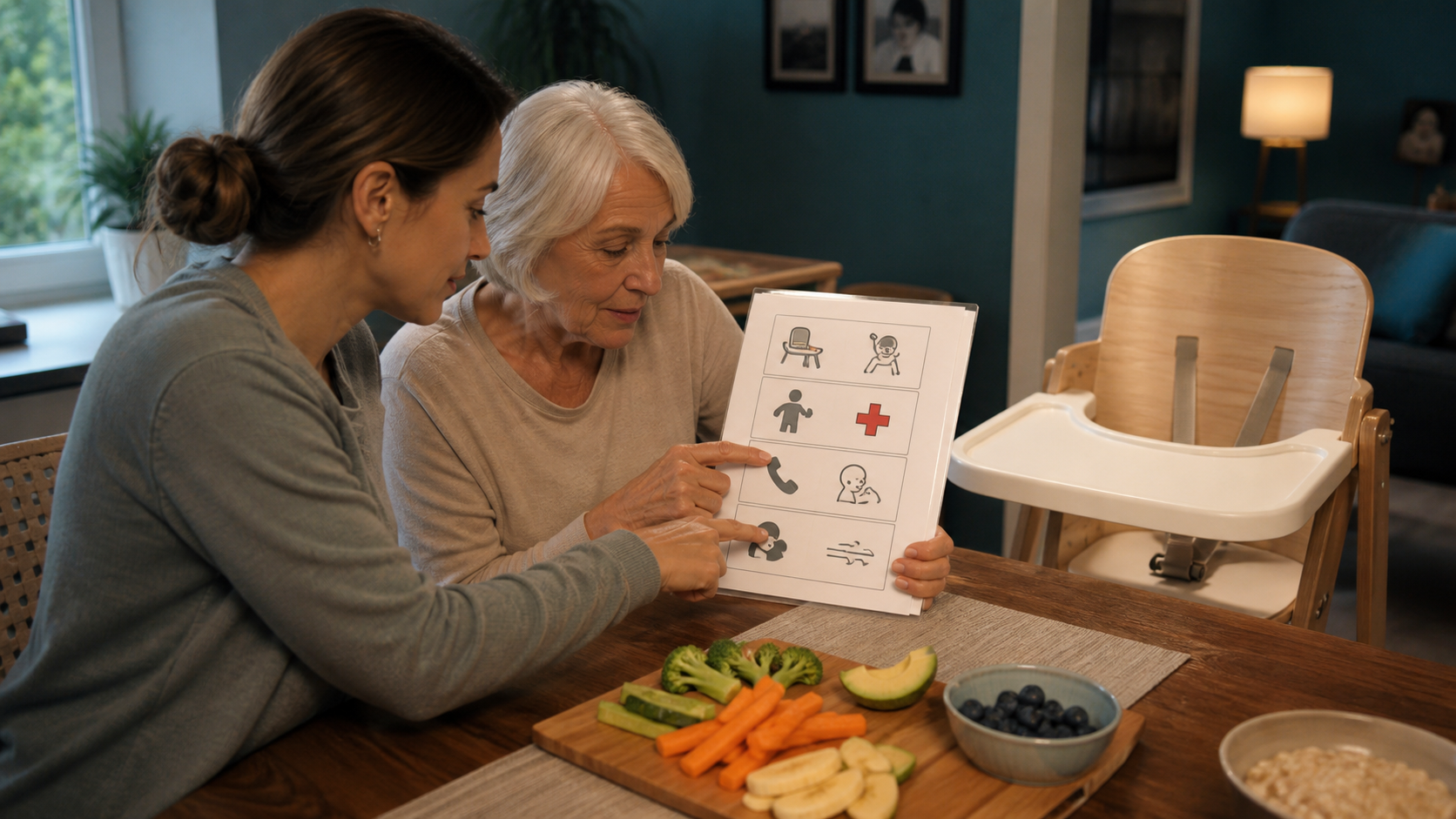 Cinematic 3D parent and grandparent reviewing the same baby-led weaning and infant emergency handoff plan