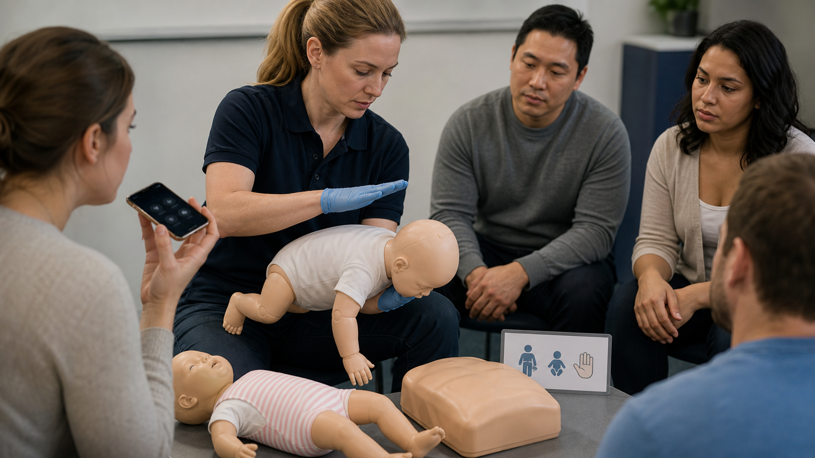 Cinematic 3D infant first-aid training scene with an infant mannequin and emergency communication plan