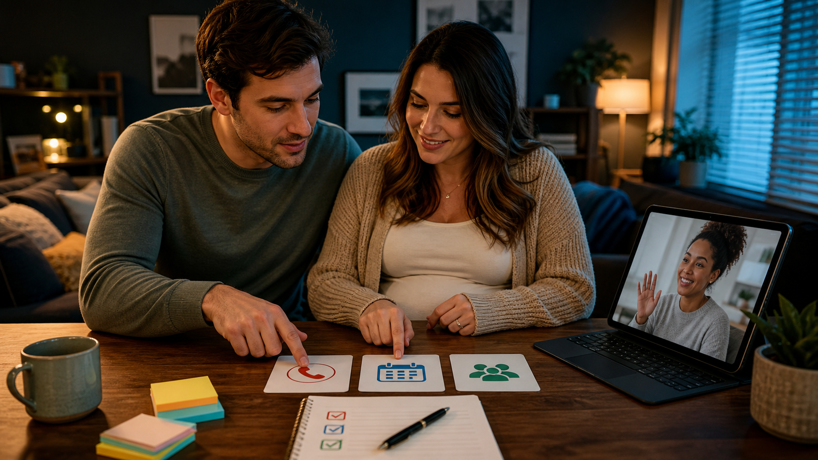 Cinematic 3D expectant parents assigning phone first-aid training and caregiver roles before baby arrives
