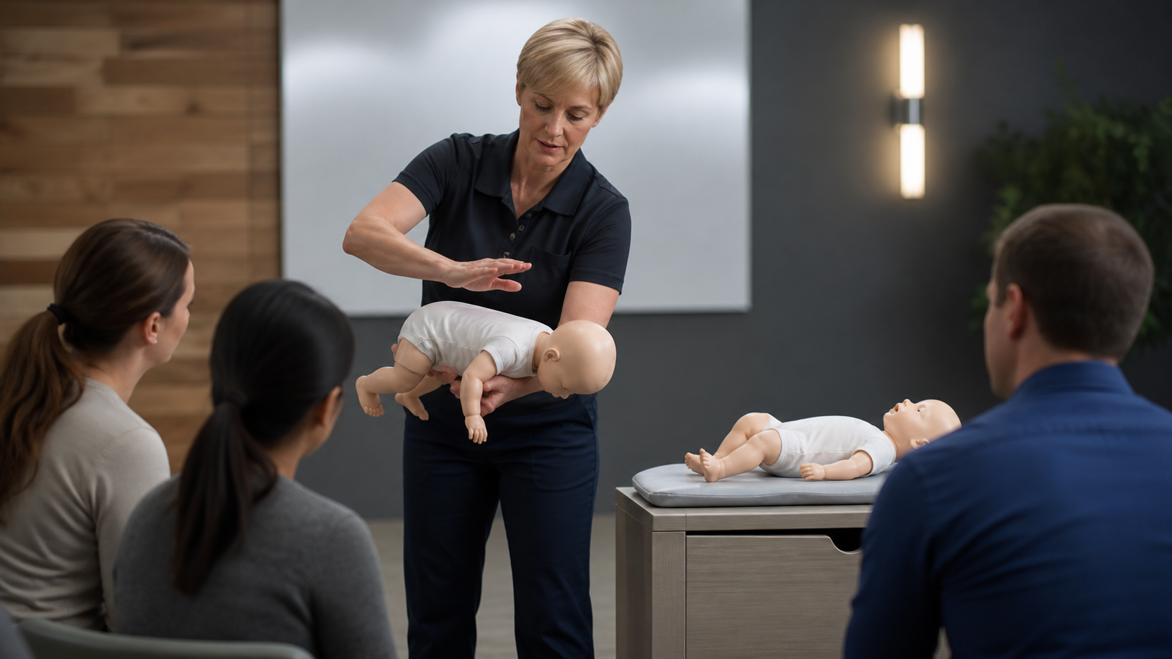 Cinematic 3D infant first-aid class practicing back blows and chest thrusts on a training mannequin